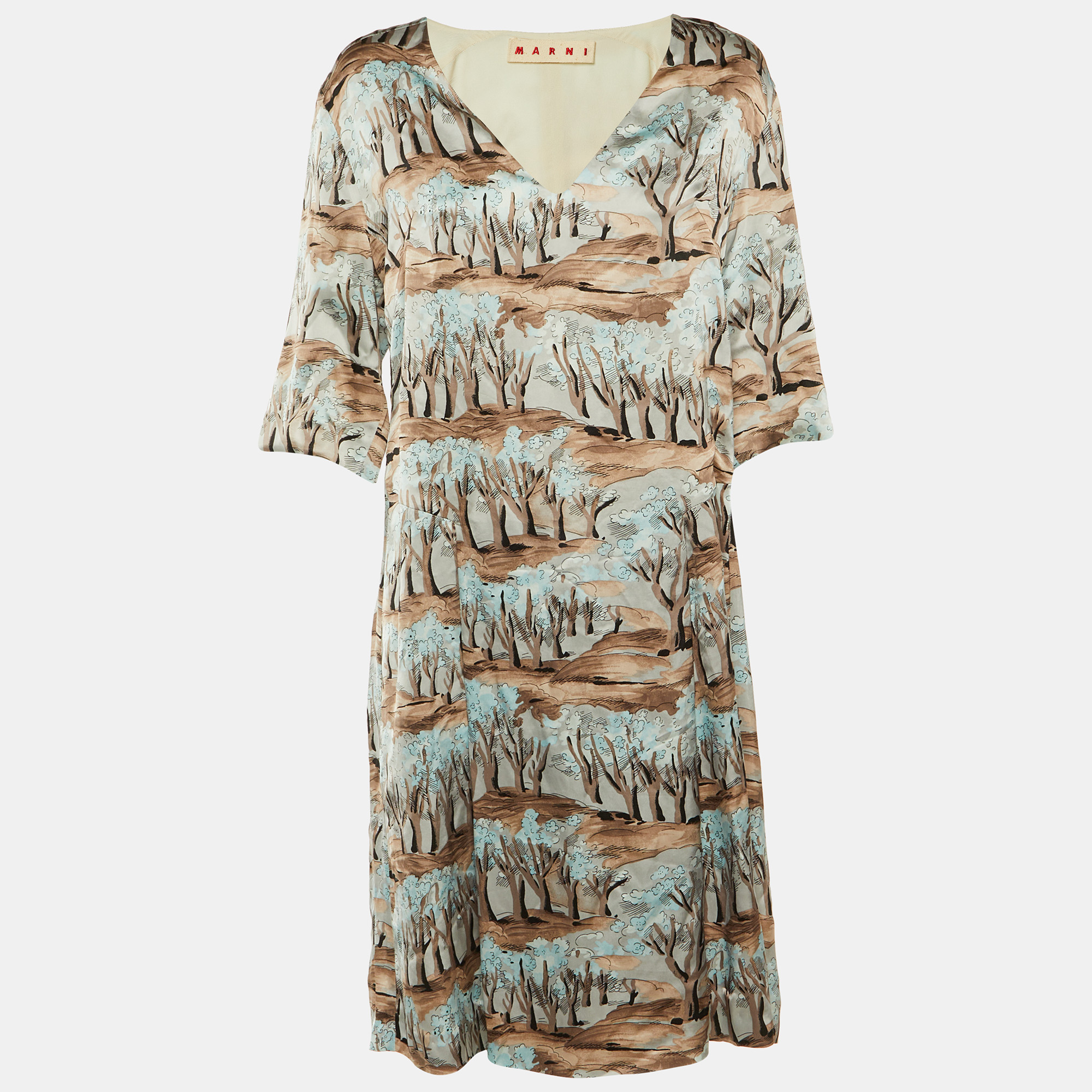 Marni Brown Printed Satin Pleated Shift Dress