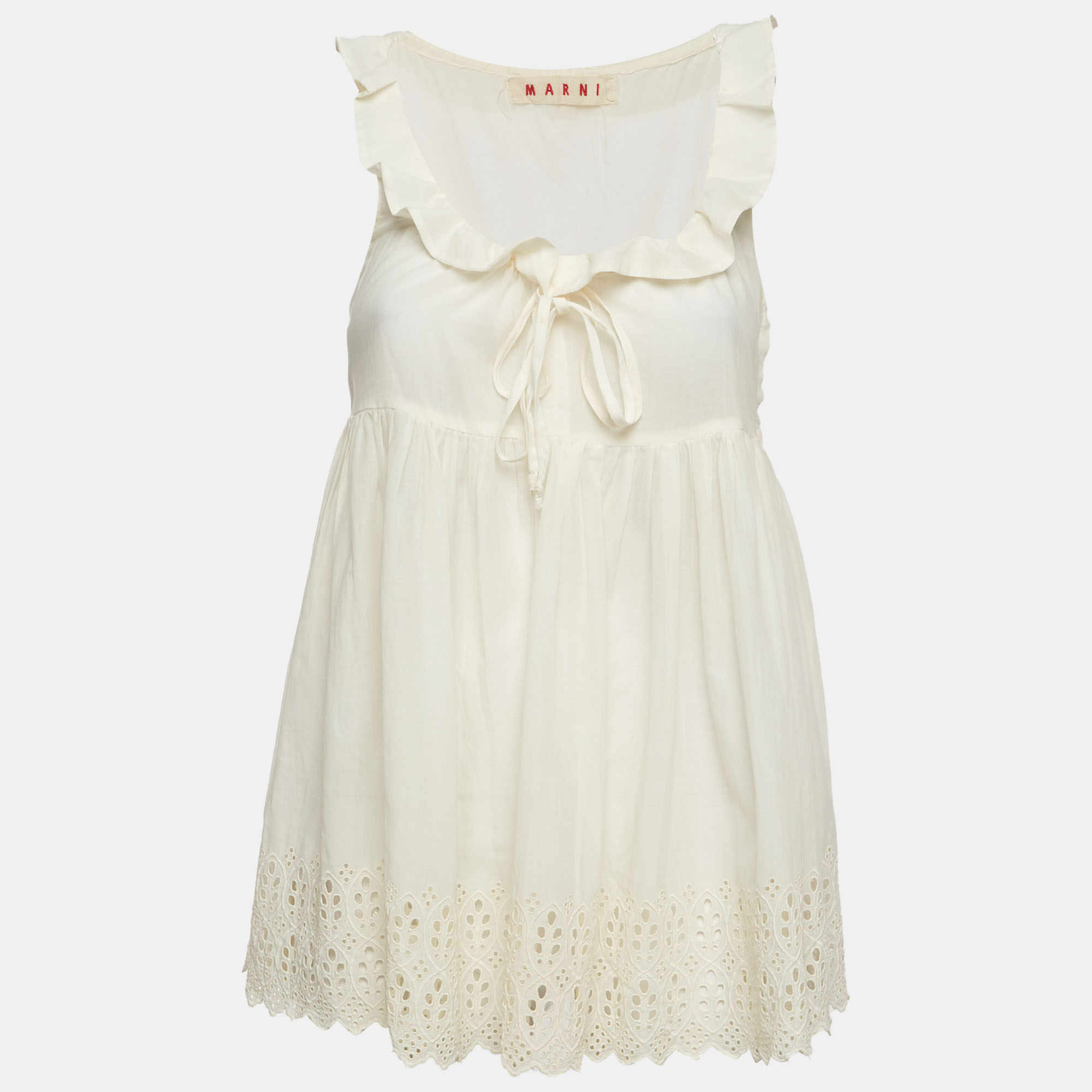 Marni Cream Cotton Adjustable Ruffle Neck Mini Dress