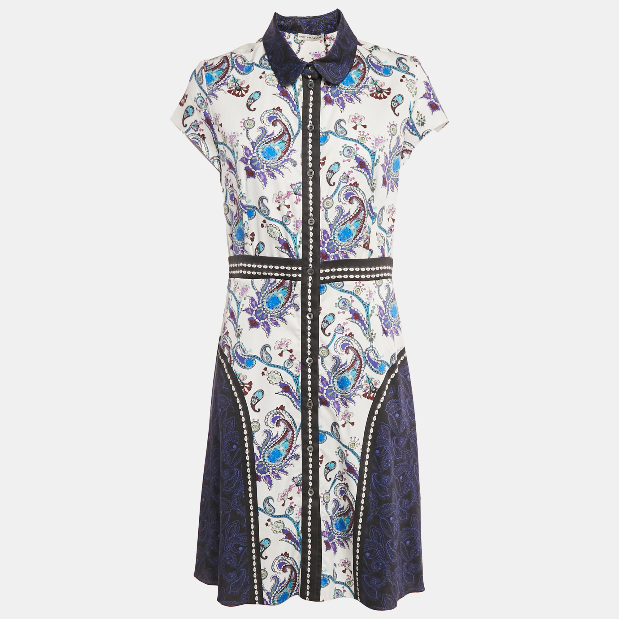 Mary Katrantzou WhiteBlue Printed Cotton Short Dress