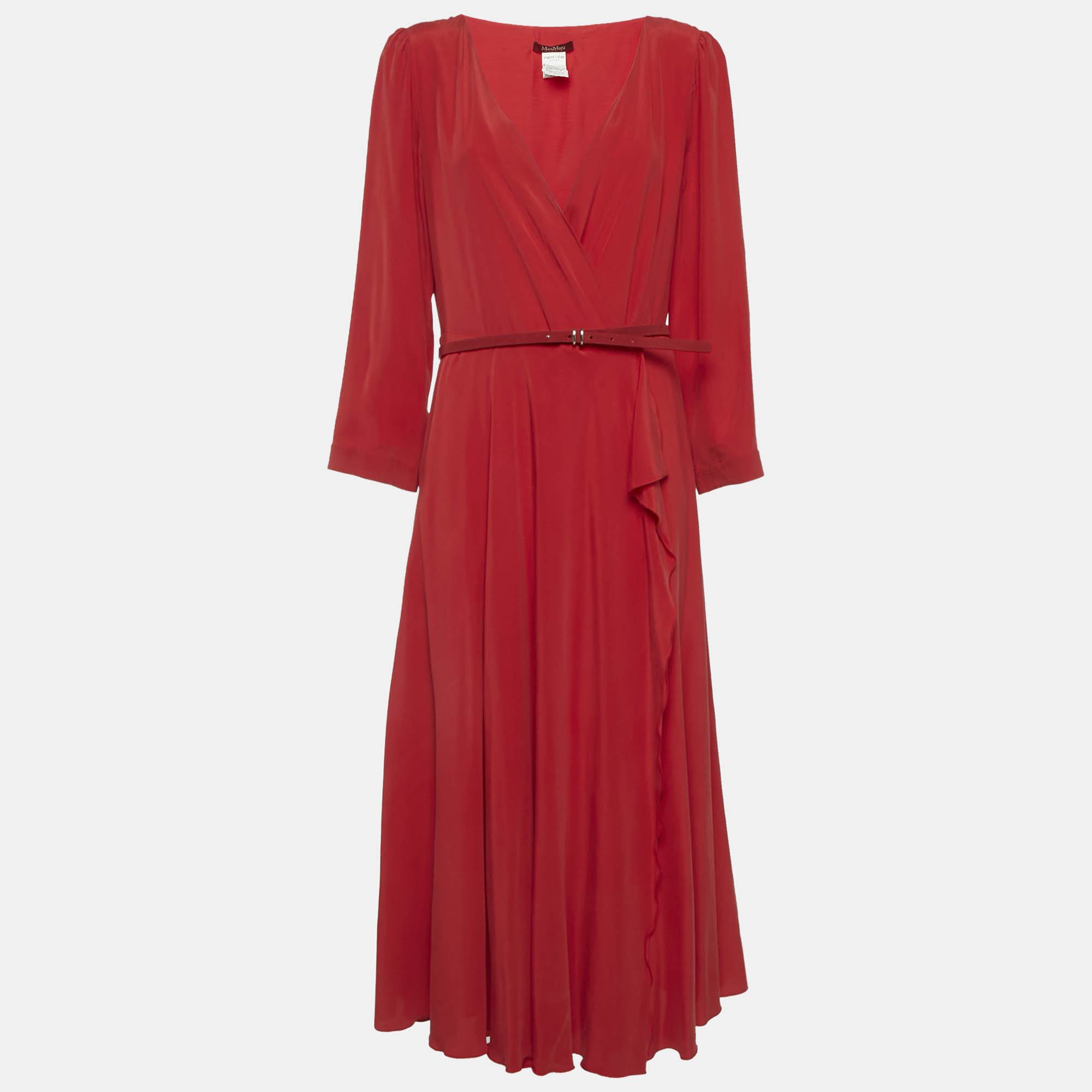 Max Mara Studio Red Silk Belted Wrap Dress