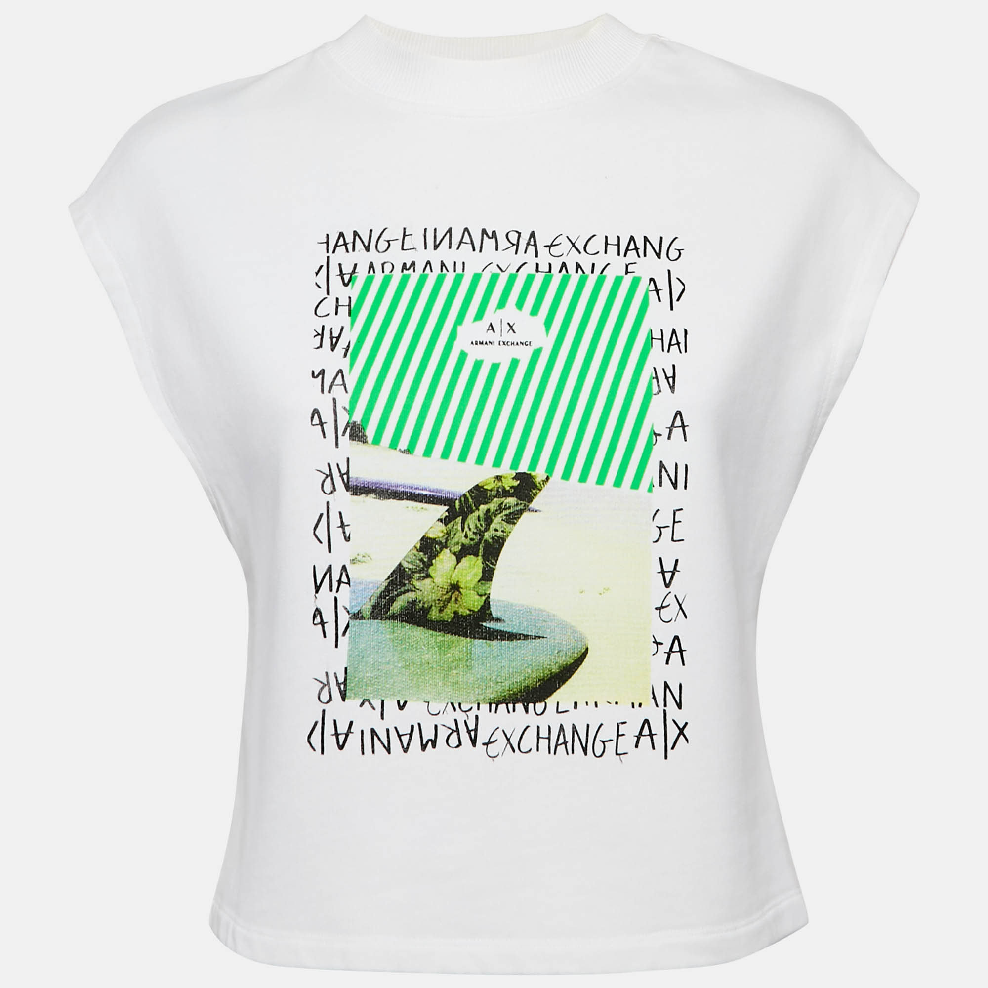 Max Mara White Printed Cotton Knit Crew Neck Crop Top
