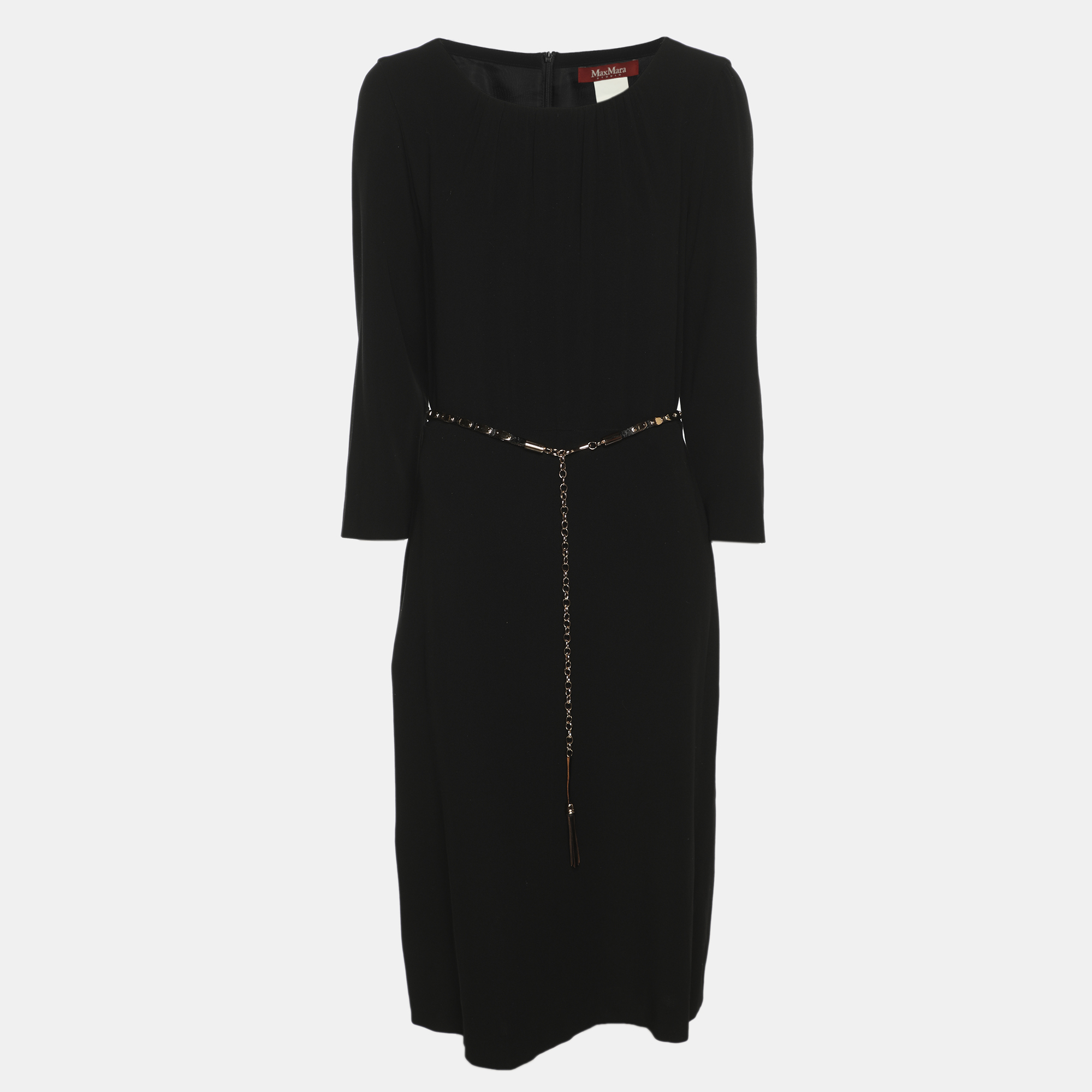 Max Mara Black Wool Blend Belted Midi Dress