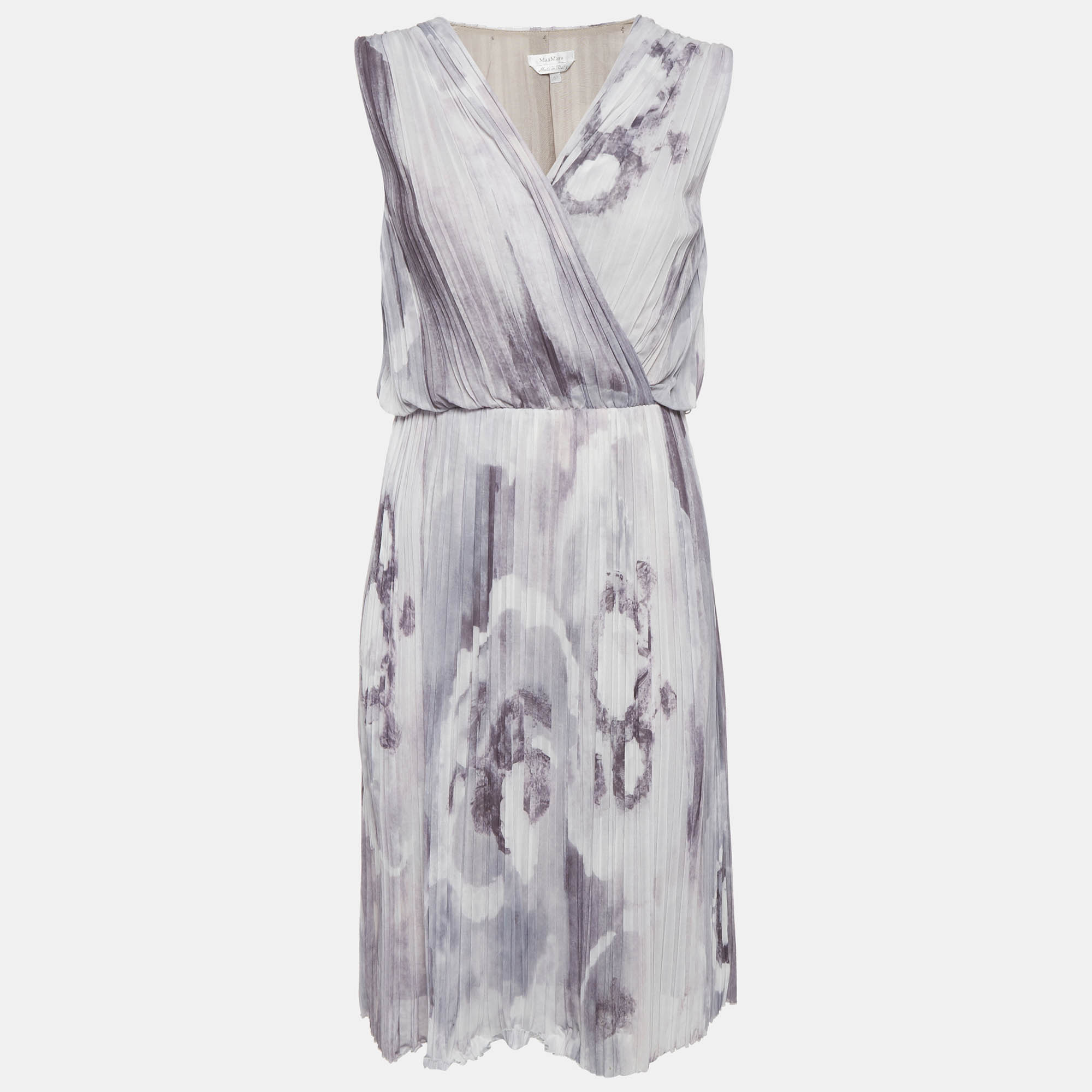 Max Mara Grey Printed Plisse Midi Dress
