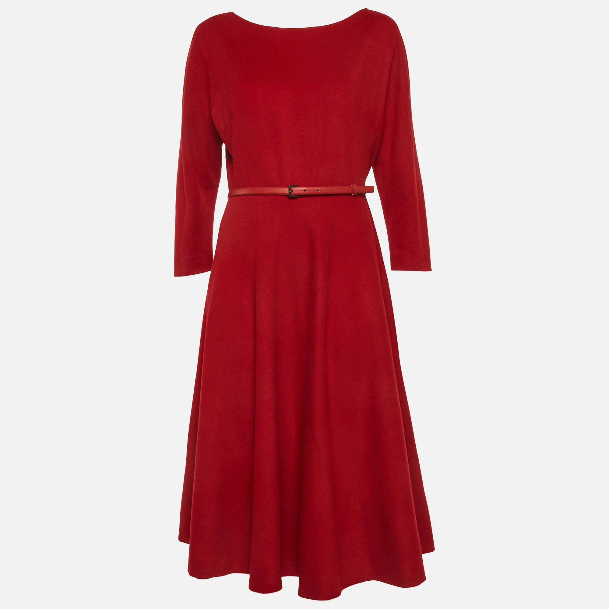 Max Mara Red Camel Wool Flared Midi Dress