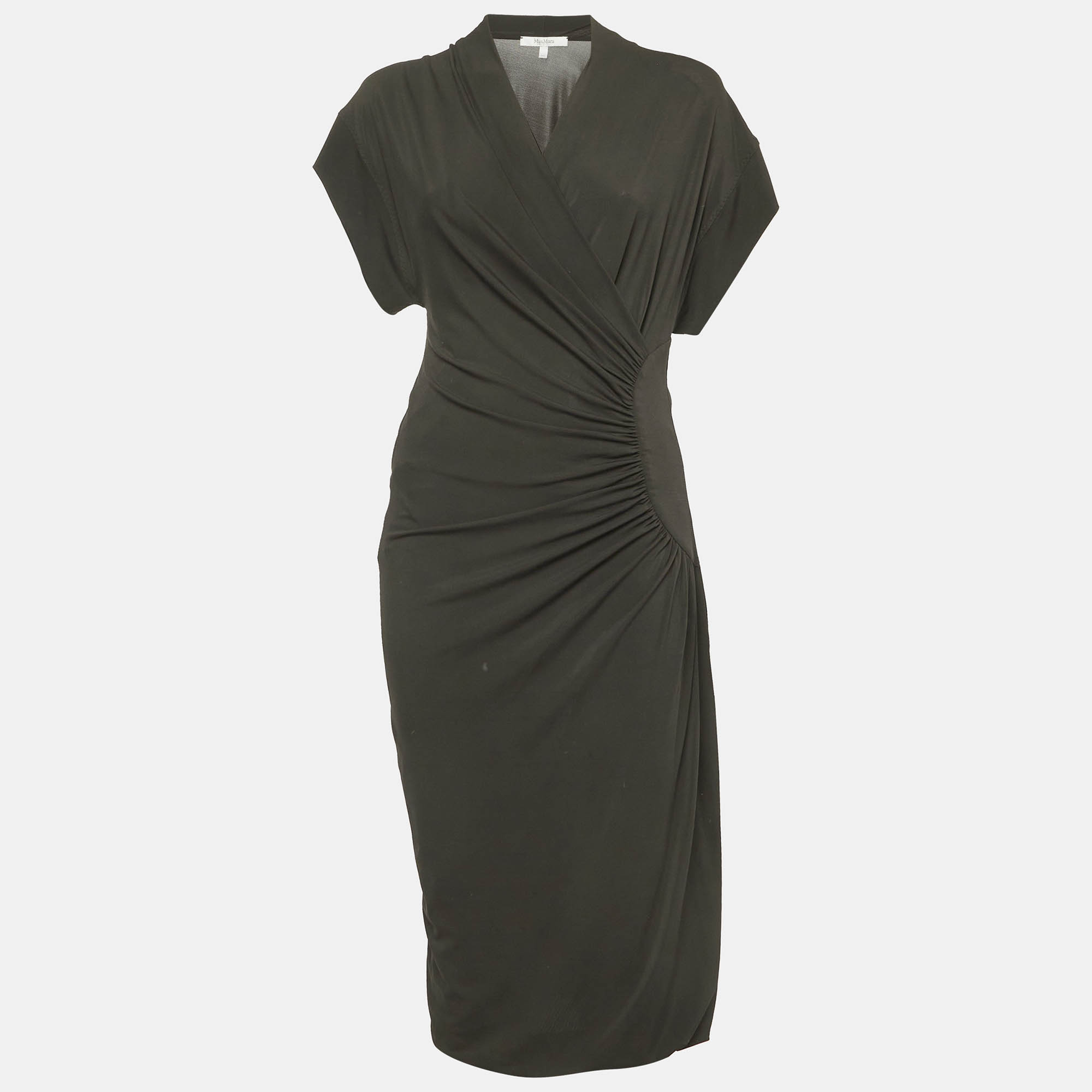 Max Mara Brown Jersey Knit Draped Detail Midi Dress