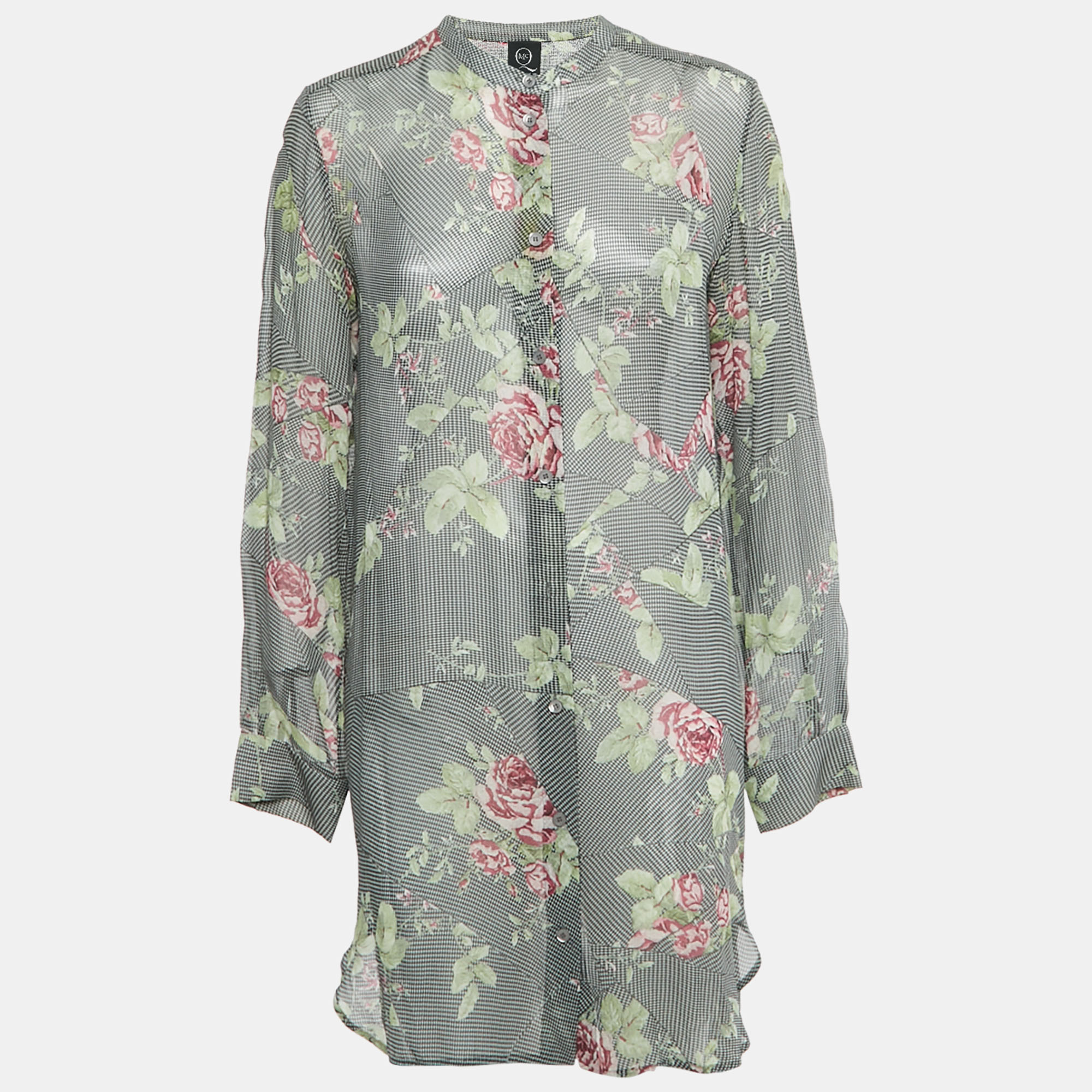 McQ by Alexander McQueen Black White Printed Silk Sheer Shirt Dress