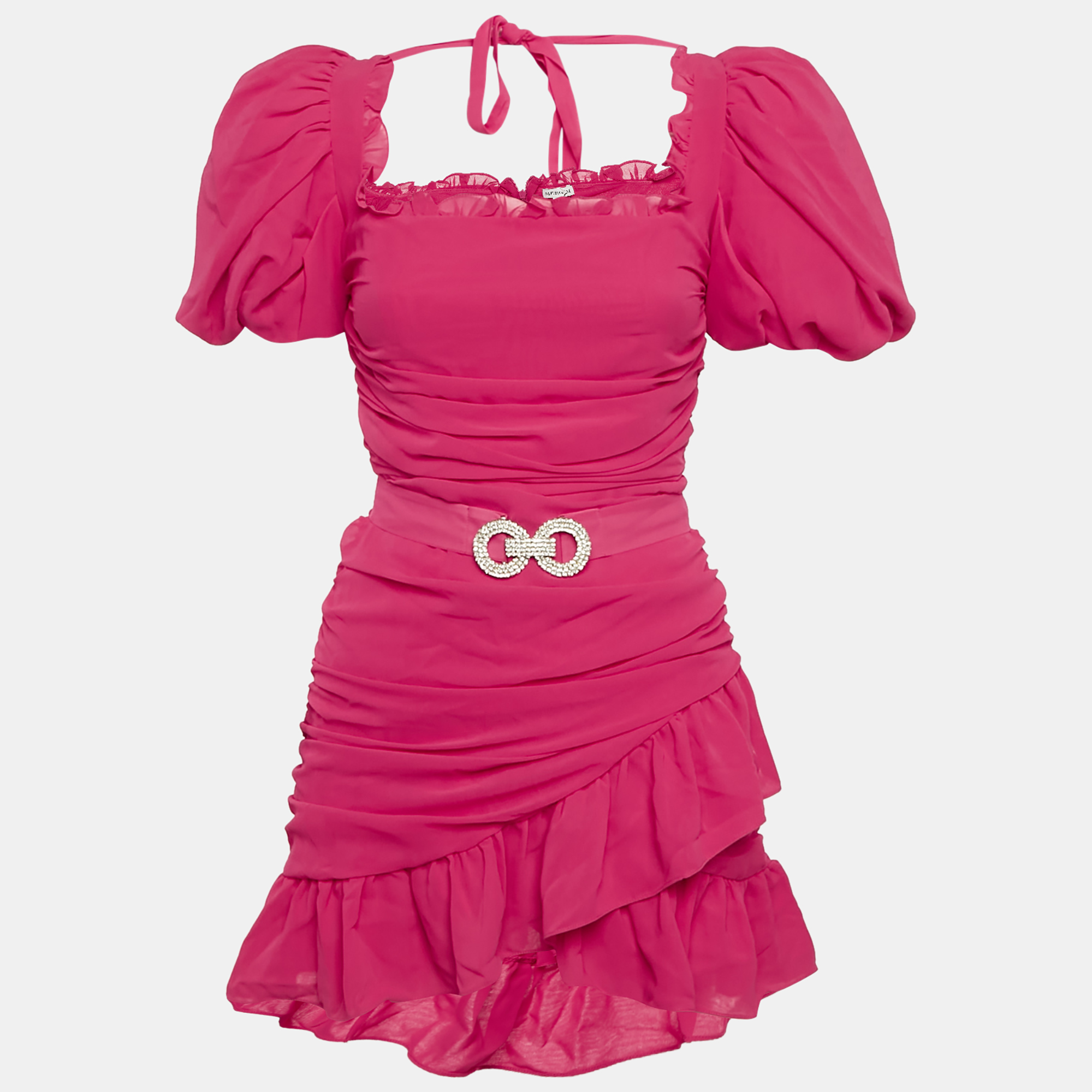 Mergim Pink Chiffon Ruche Detail Belted Mini Dress