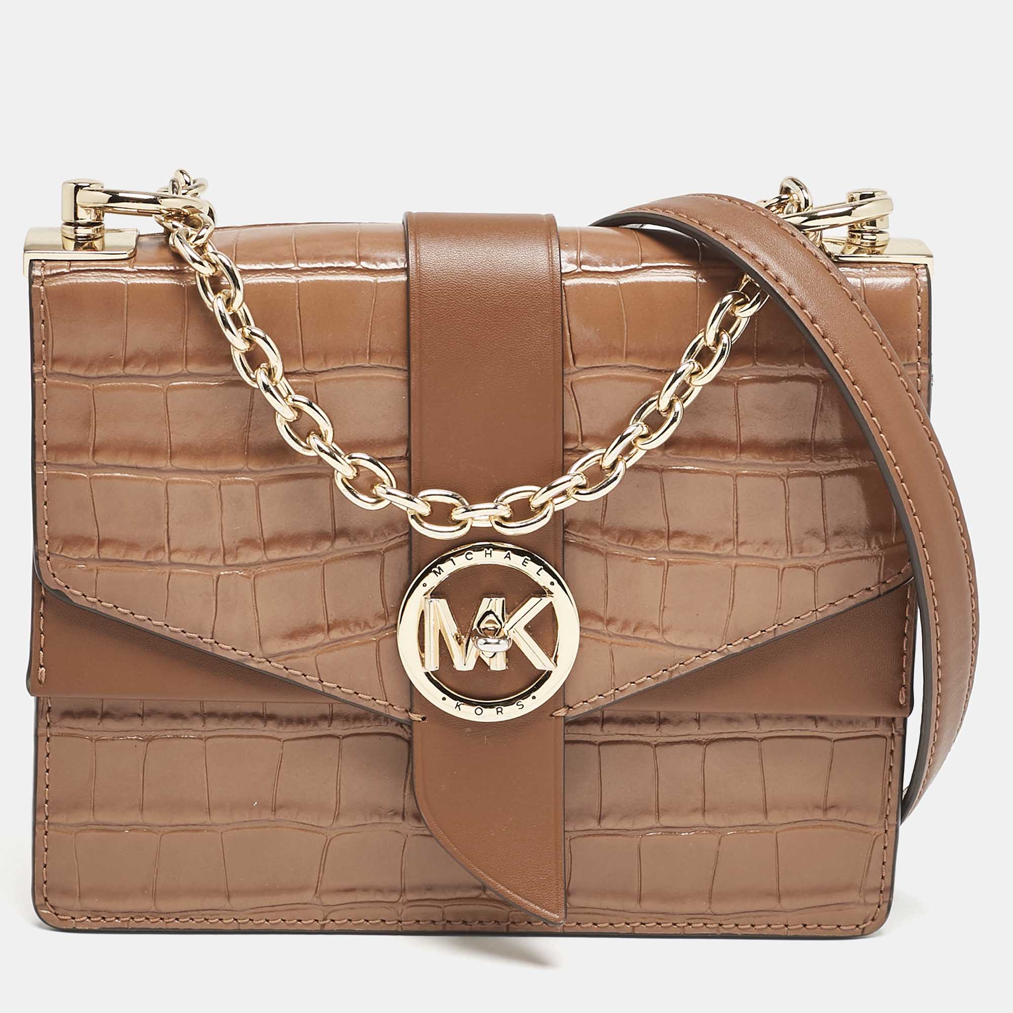 Michael Kors Brown Croc Embossed Leather Small Greenwich Crossbody Bag