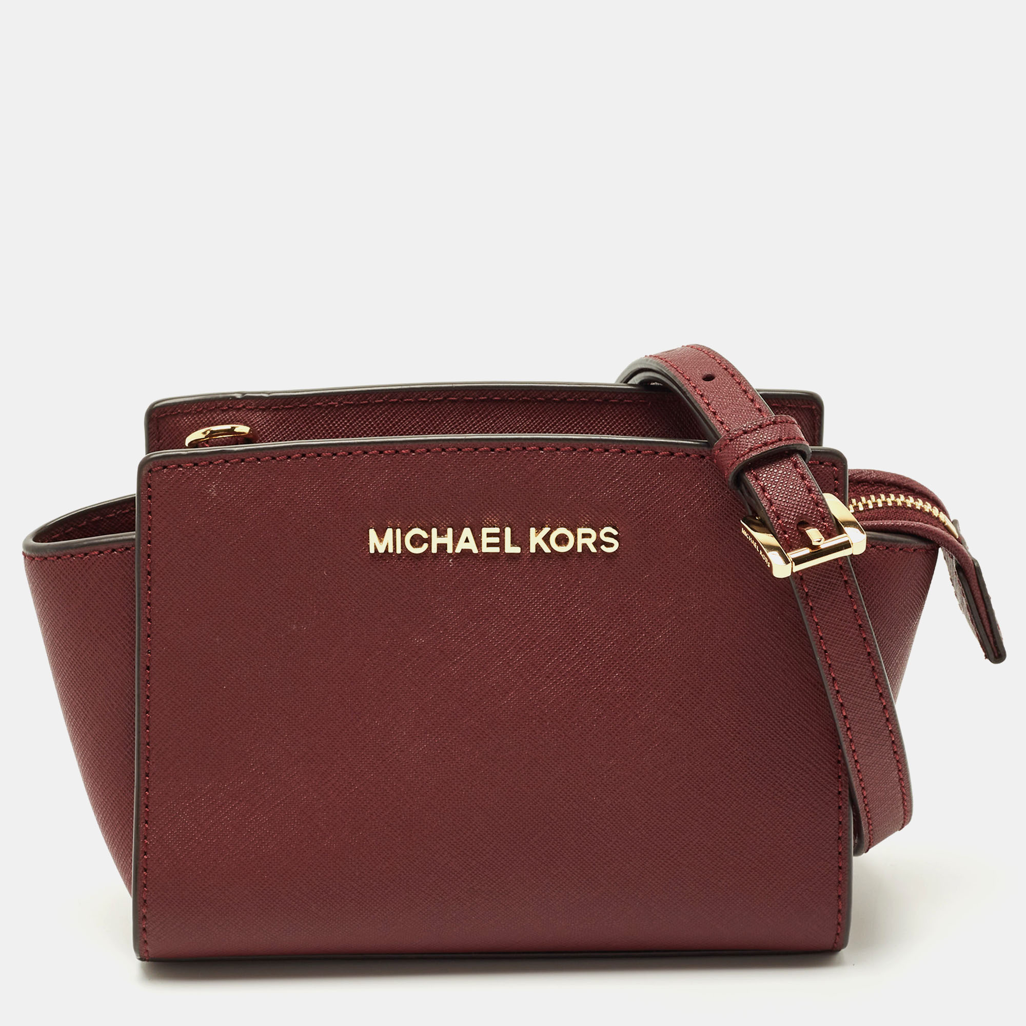 Michael Kors Burgundy Saffiano Leather Mini Selma Crossbody Bag