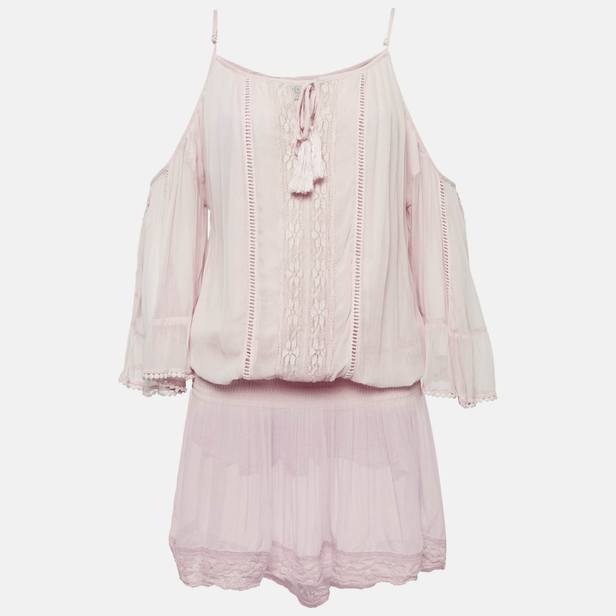 Miss June Pink Crepe Lace Trimmed Short Dress