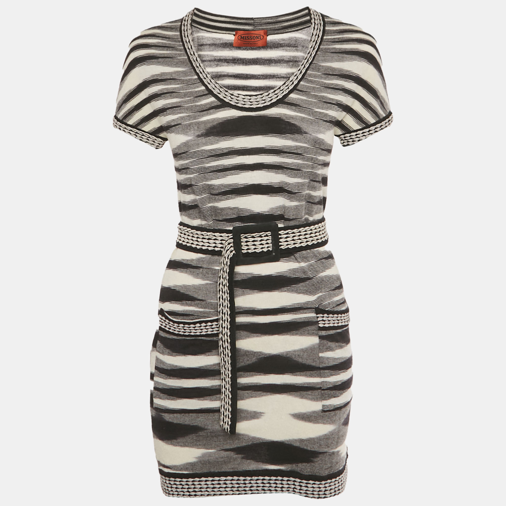 Missoni Black & White Patterned Wool Knit Belted Mini Dress