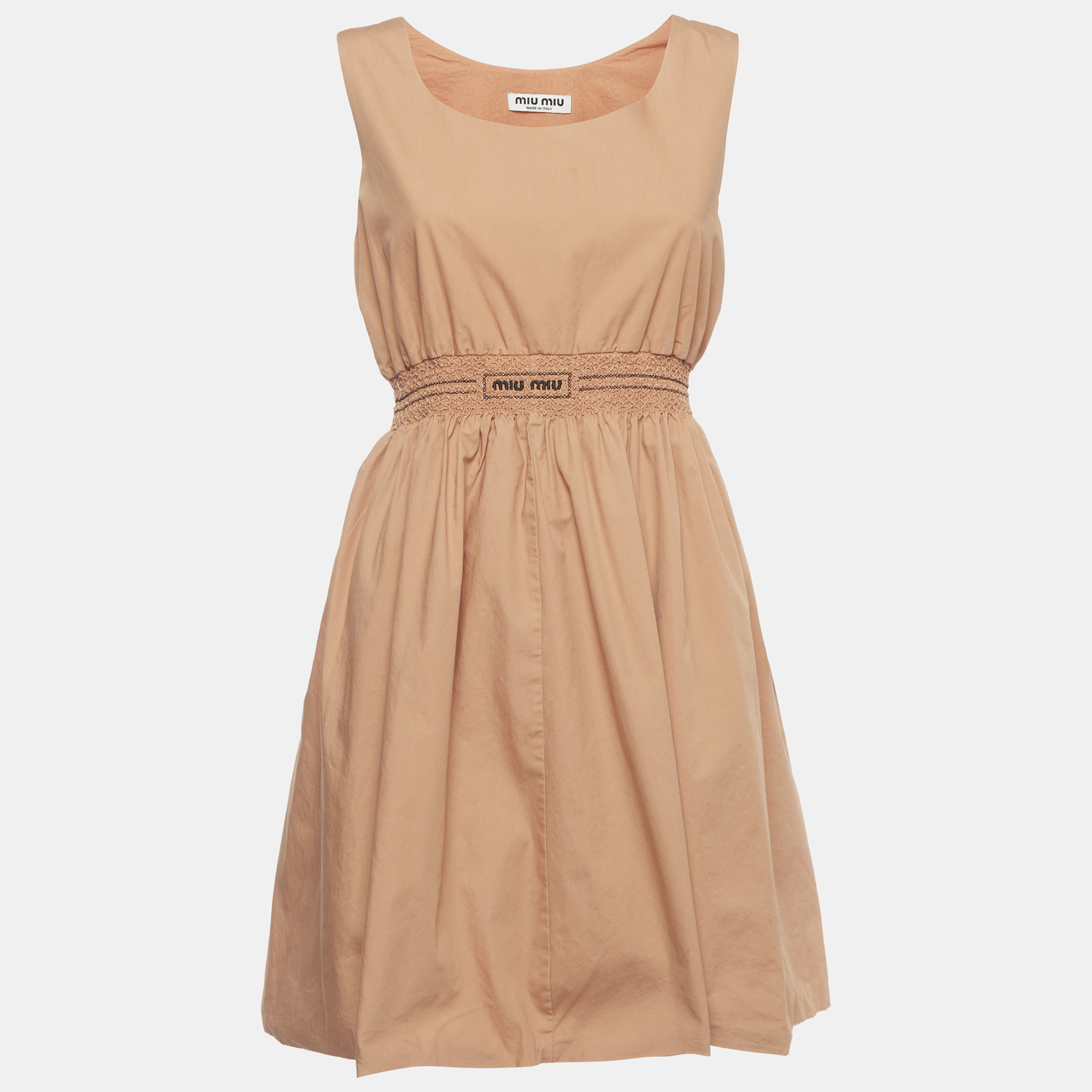 Miu Miu Orange Logo Embroidered Cotton Poplin Smocked Mini Dress