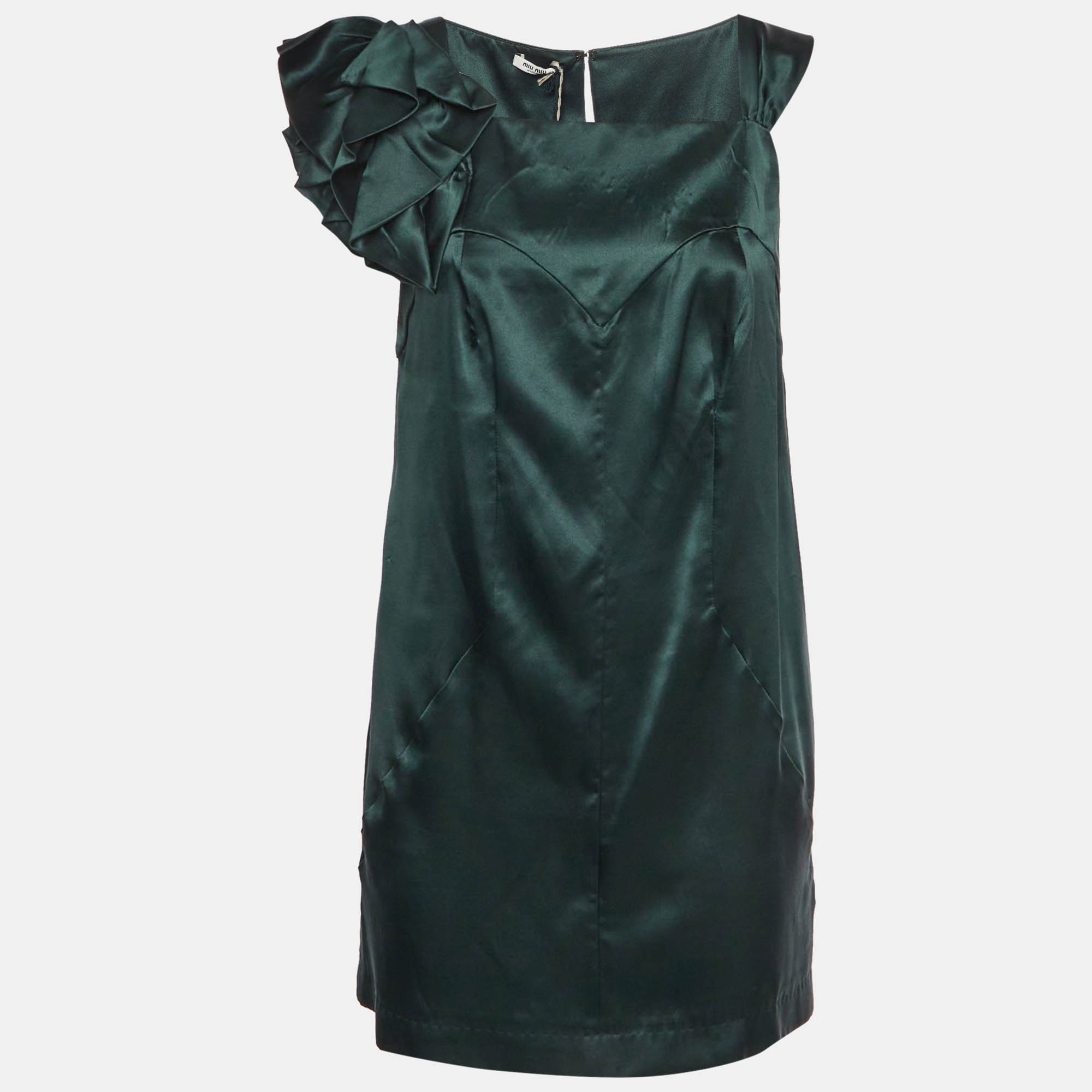Miu Miu Bottle Green Satin Bow Detail Mini Dress