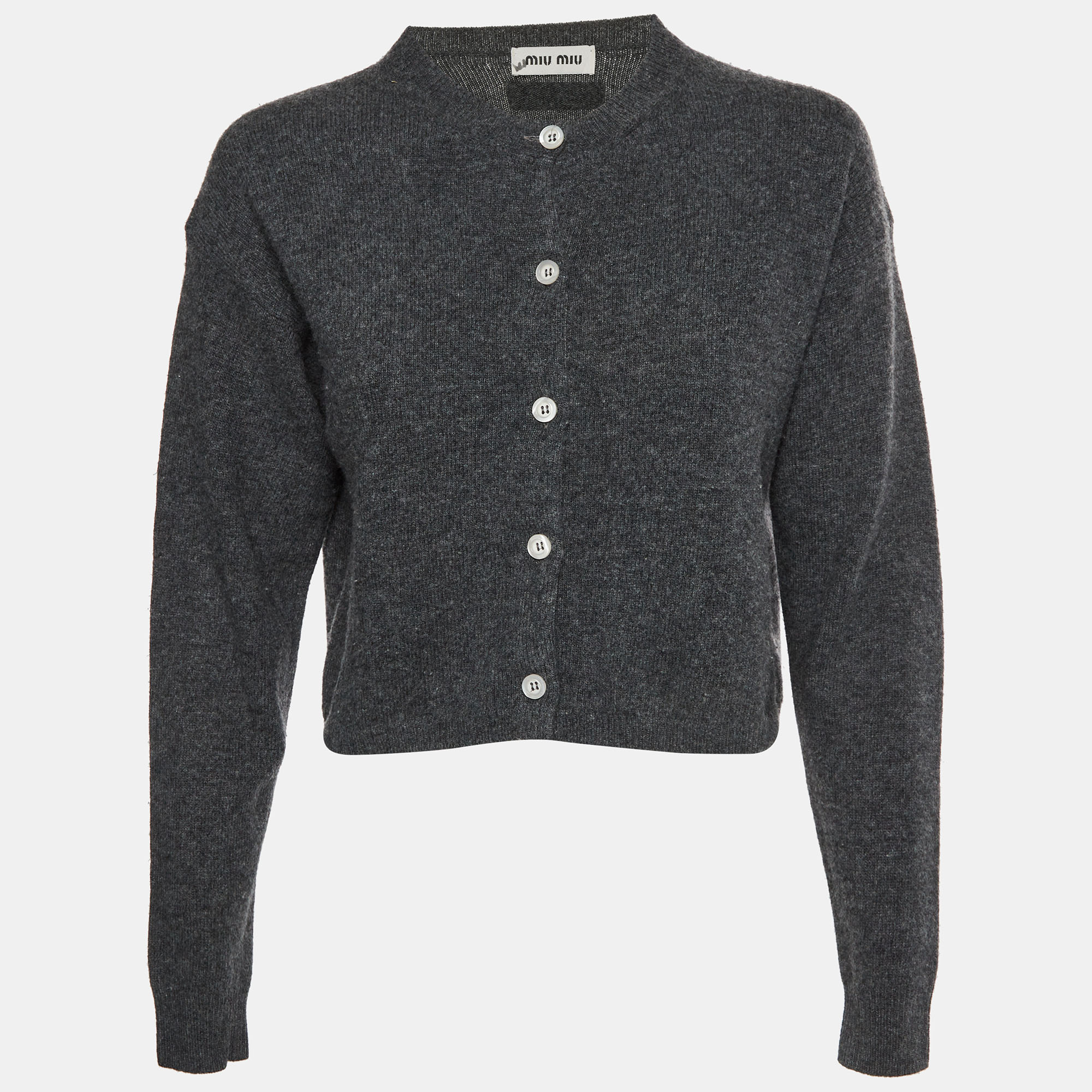 Miu Miu Grey Wool Knit Button Up Cropped Cardigan