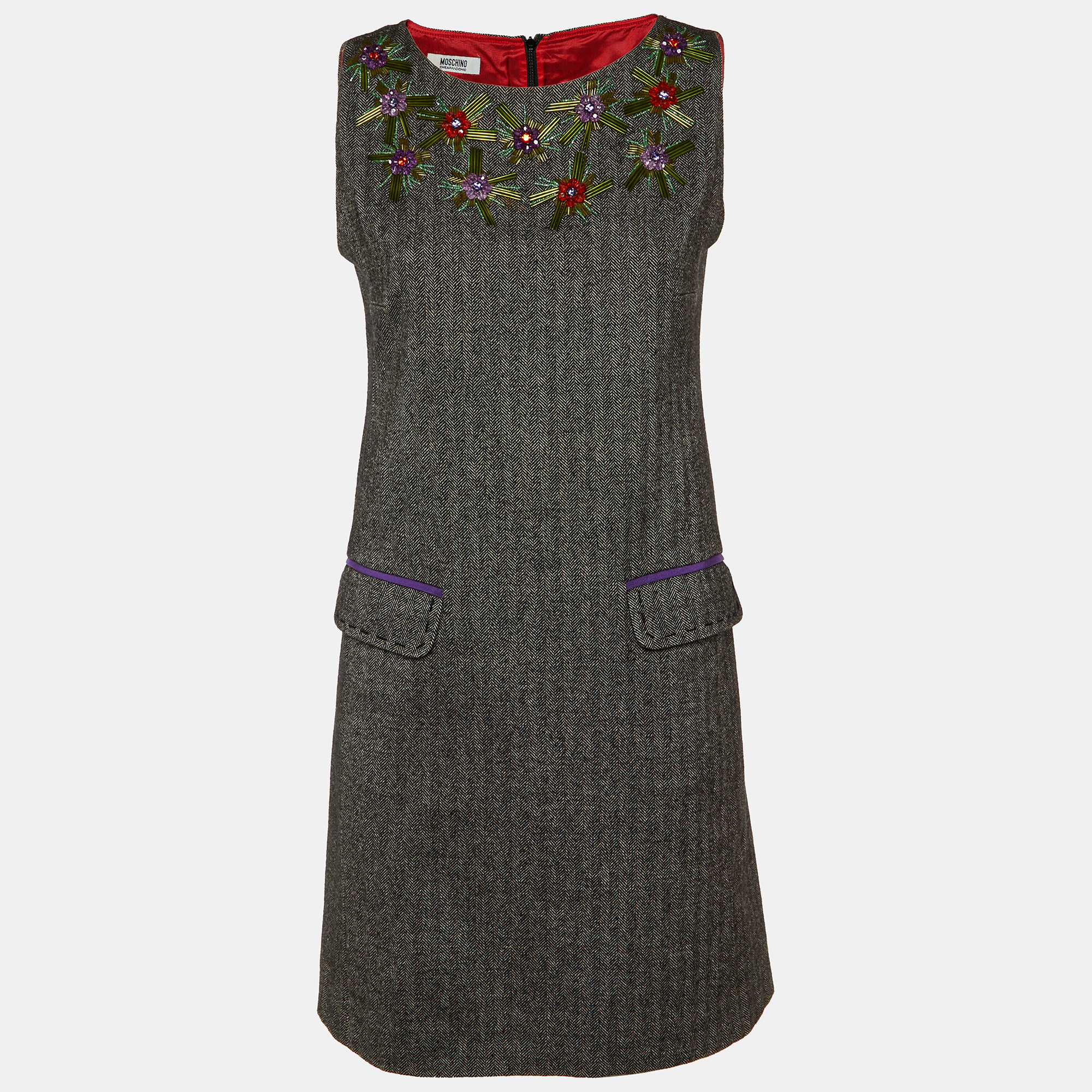 Moschino Cheap and Chic Charcoal Grey Patterned Embellished Shift Dress