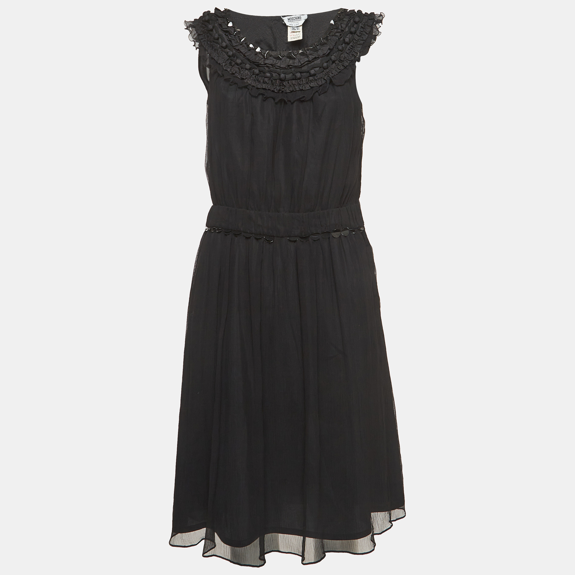 Moschino Cheap and Chic Vintage Black Metal Embellished Neck Silk Midi Dress