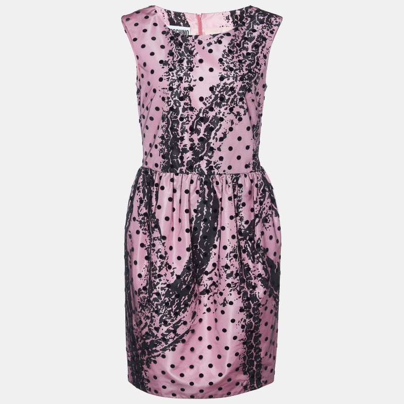 Moschino Couture Pink Printed Satin & Polka Dot Tulle Sleeveless Sheath Dress