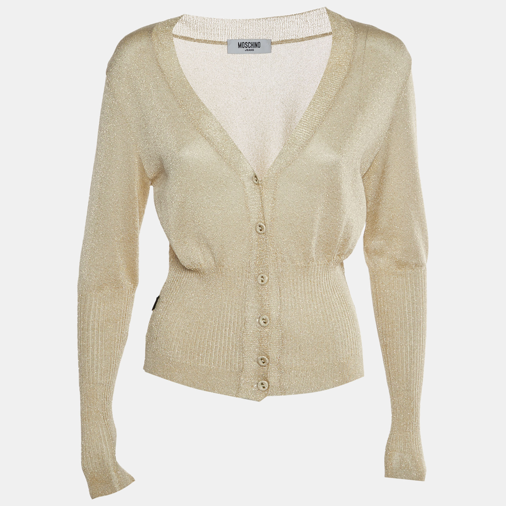 Moschino Jeans Gold Lurex Knit Button Front Cardigan