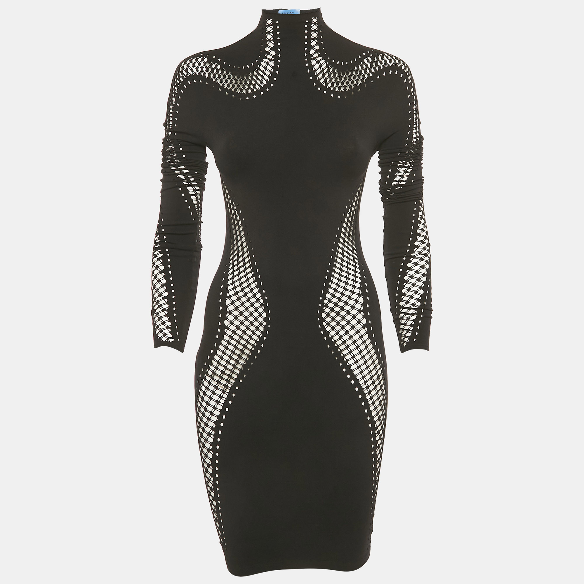 Mugler Black Nylon Knit Perforated Detail High Neck Bodycon Dress