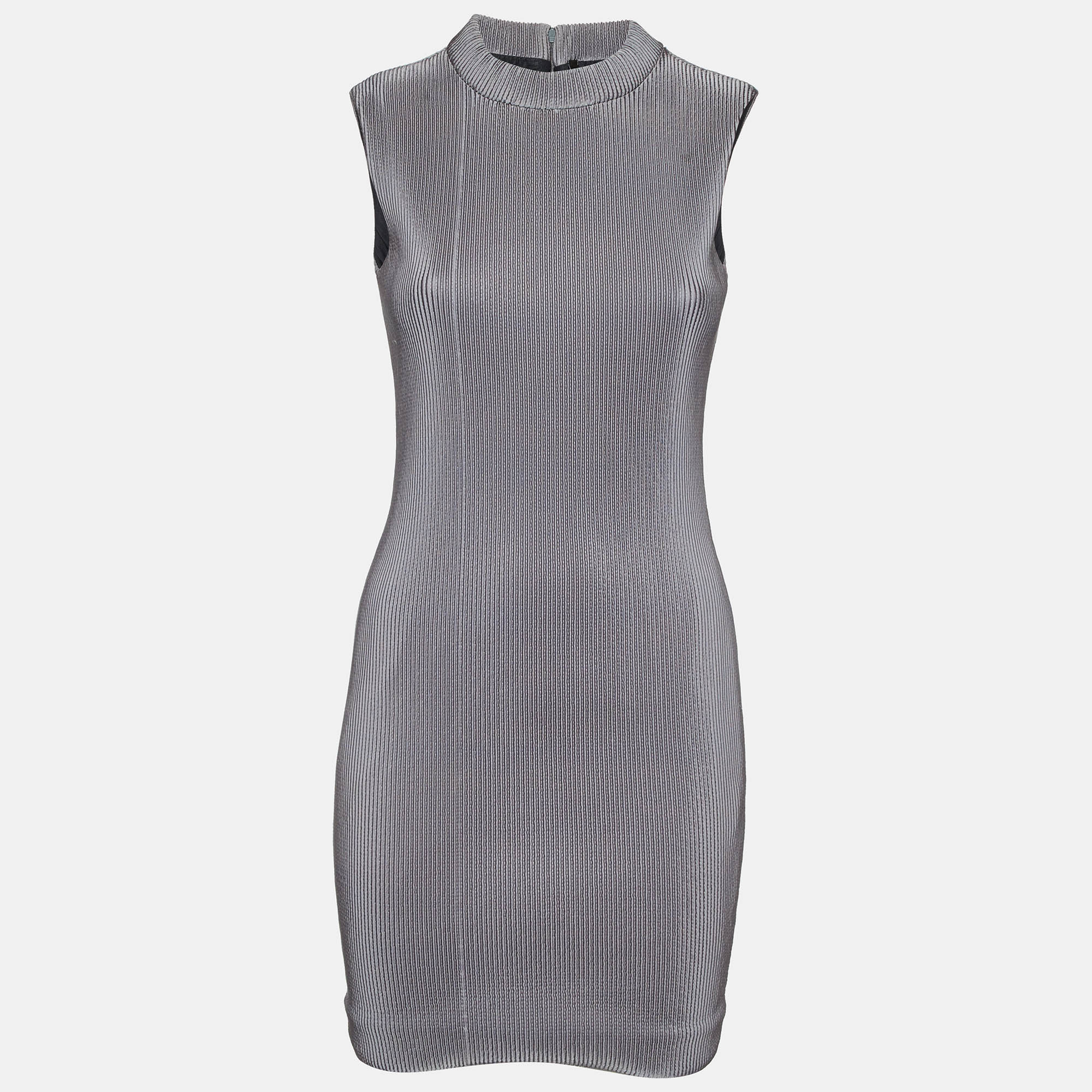 Neil Barrett Grey Stripe Textured Jersey Mini Dress