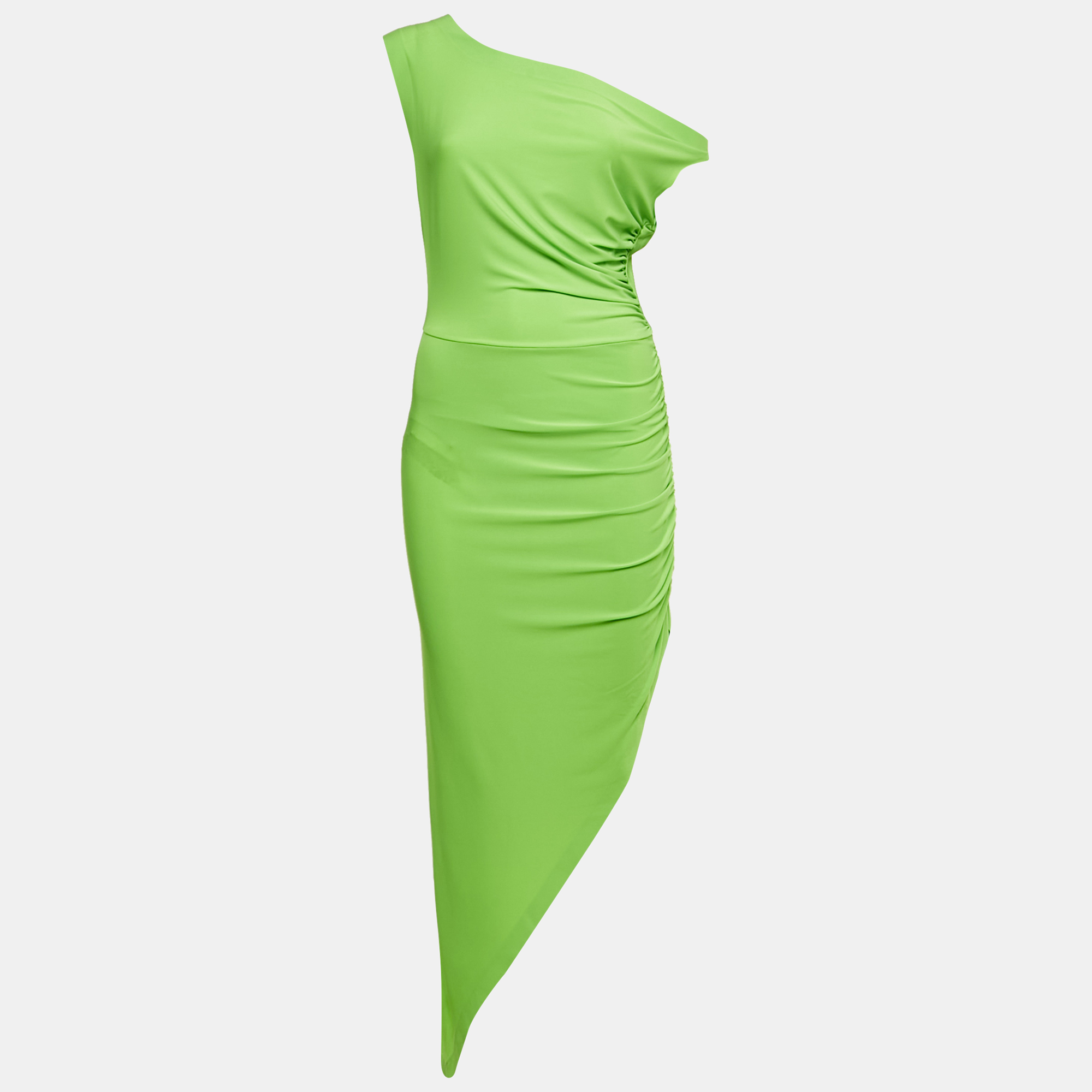 Norma Kamali Neon Green Jersey Ruched One-Should Dress