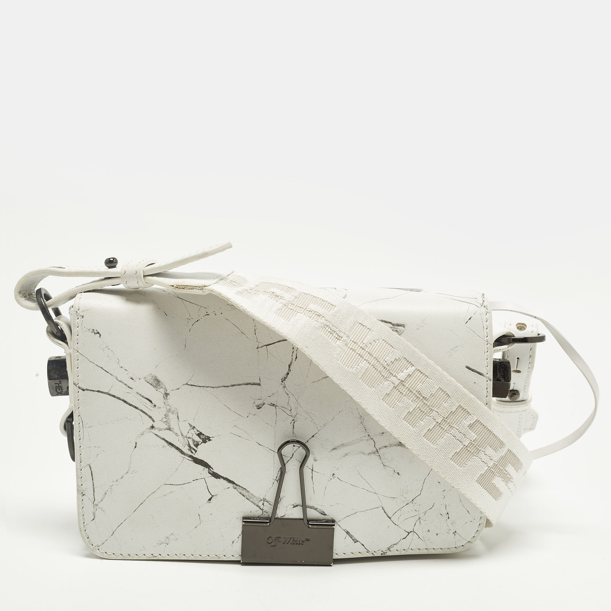 Off-White Binder Clip Marble Print WhiteGrey Leather Crossbody Bag