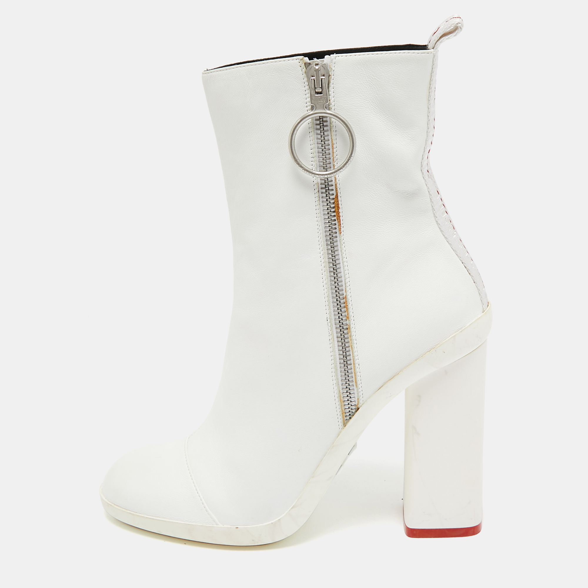 Off-White White Leather Block Heel Ankle Length Boots