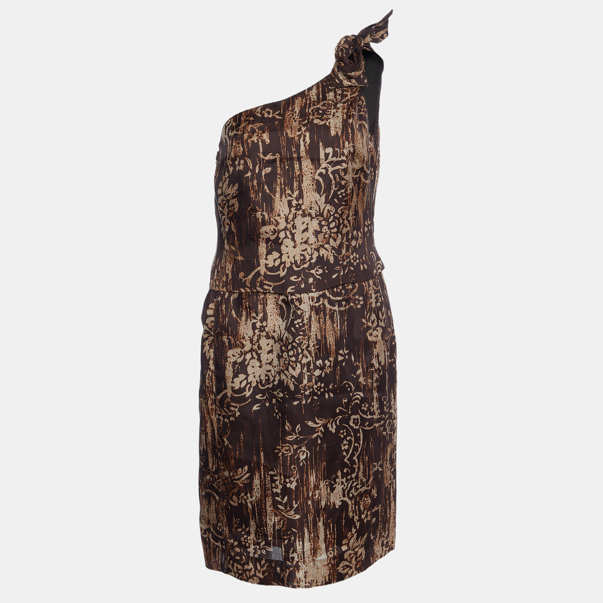 Oscar de la Renta Brown Printed Silk One Shoulder Dress