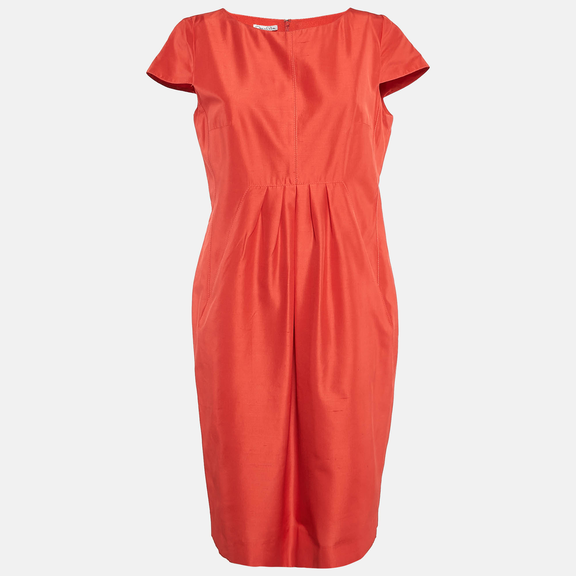 Oscar de la Renta Red Silk Cap Sleeve Midi Dress
