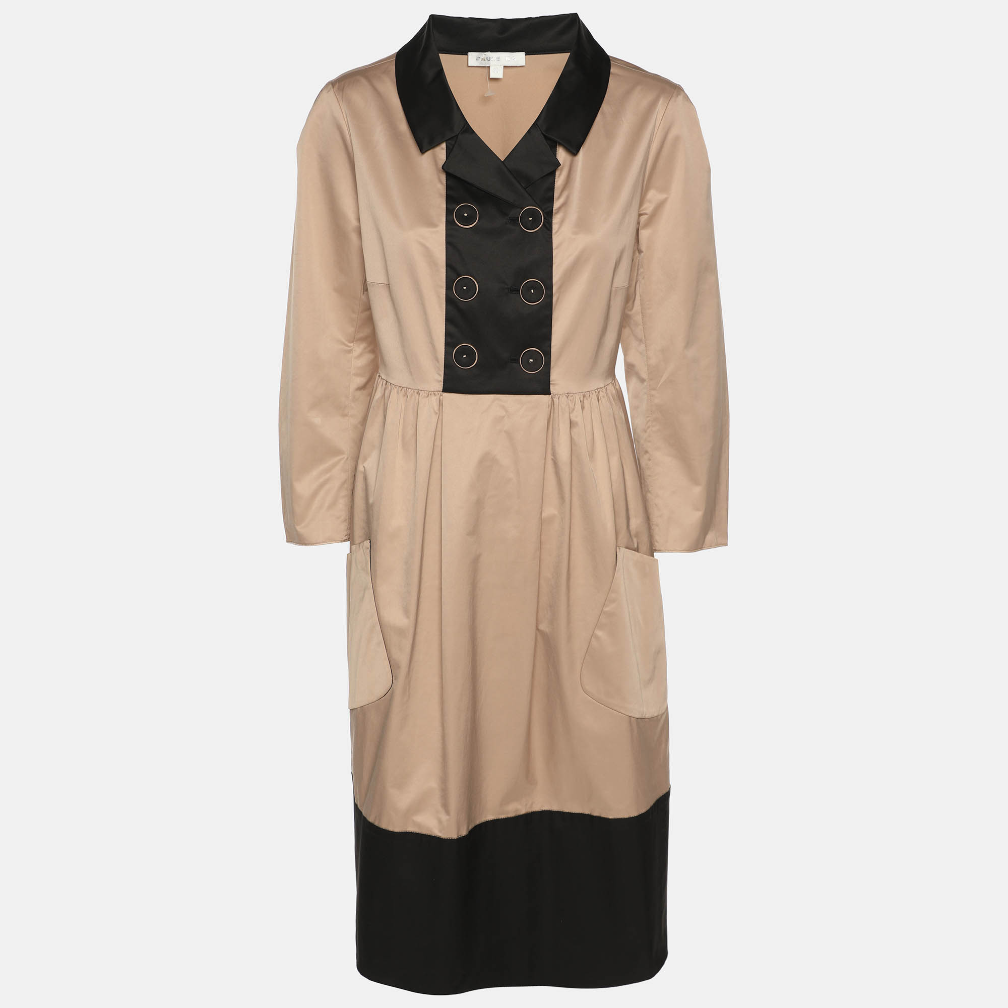 Paule Ka BeigeBlack Satin Long Sleeve Shirt Midi Dress