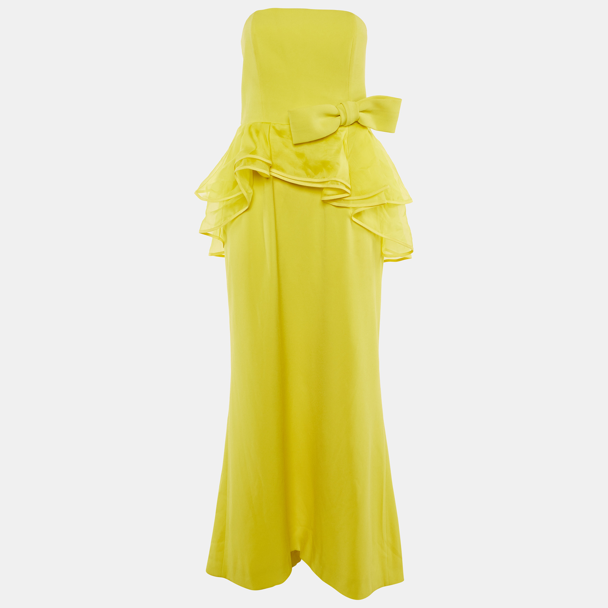 Paule Ka Yellow Crepe Bow & Asymmetric Frill Detail Strapless Maxi Dress