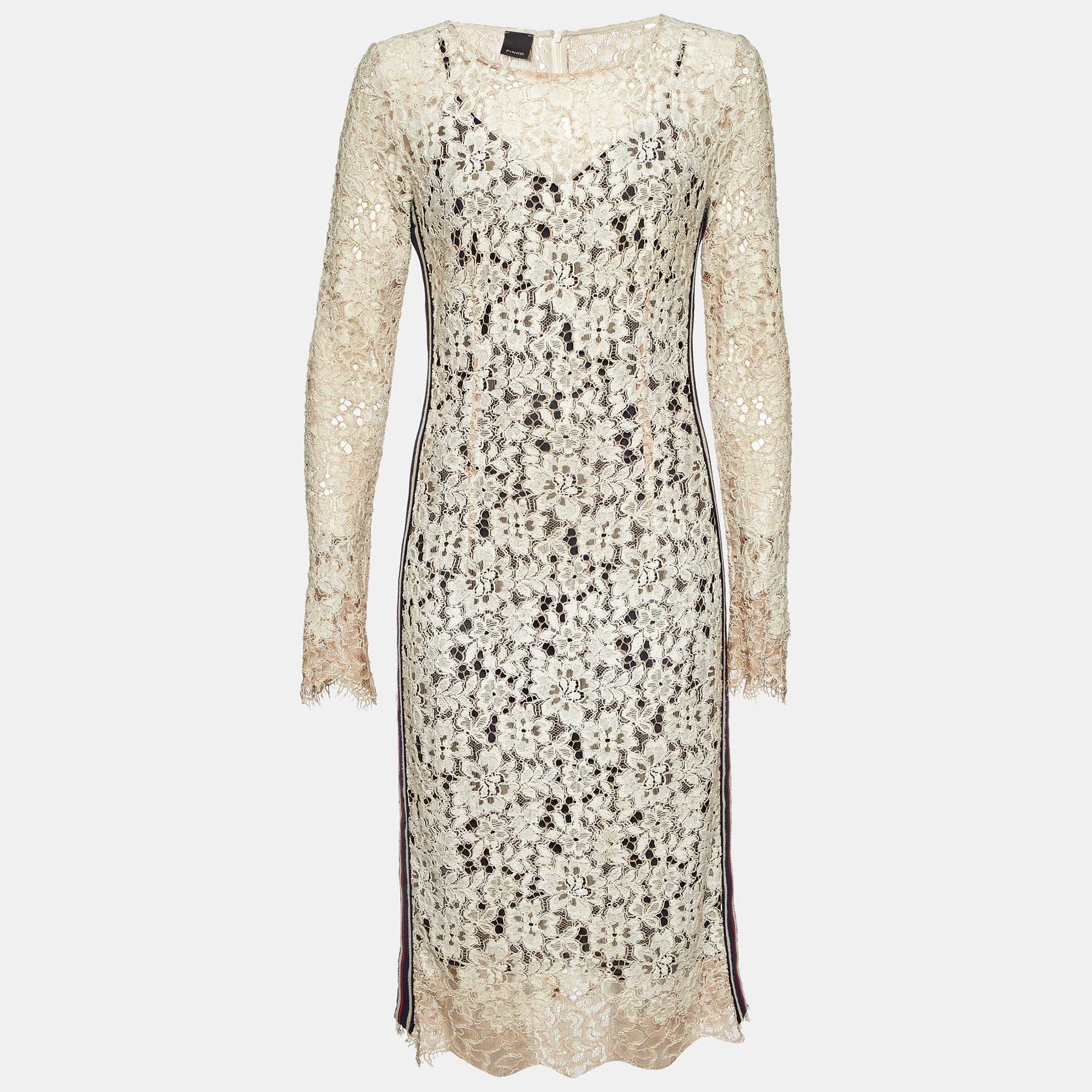 Pinko Beige Corded Lace Stripe Tape Detail Sheath Dress