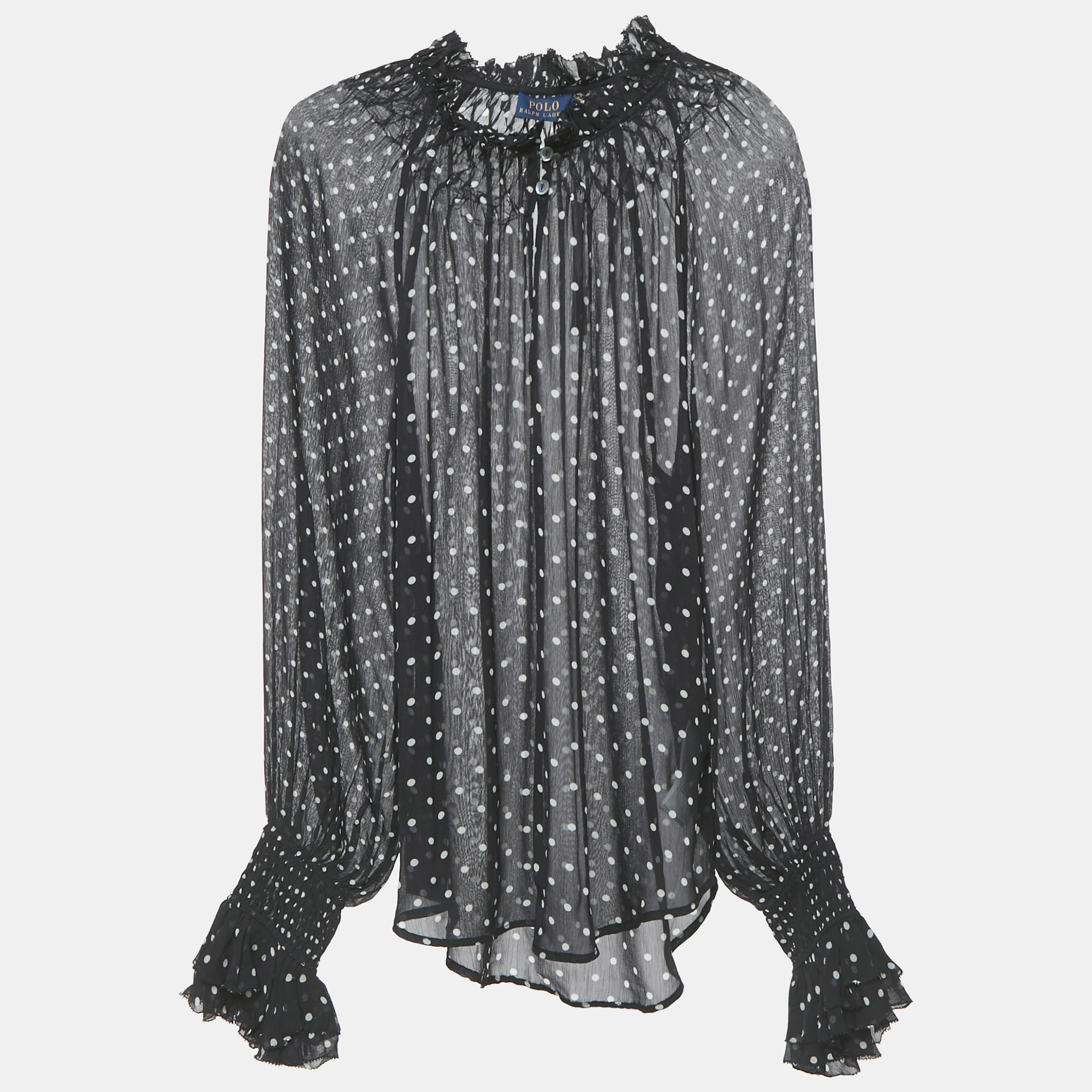 Polo Ralph Lauren Black Polka Dots Print Chiffon Blouse