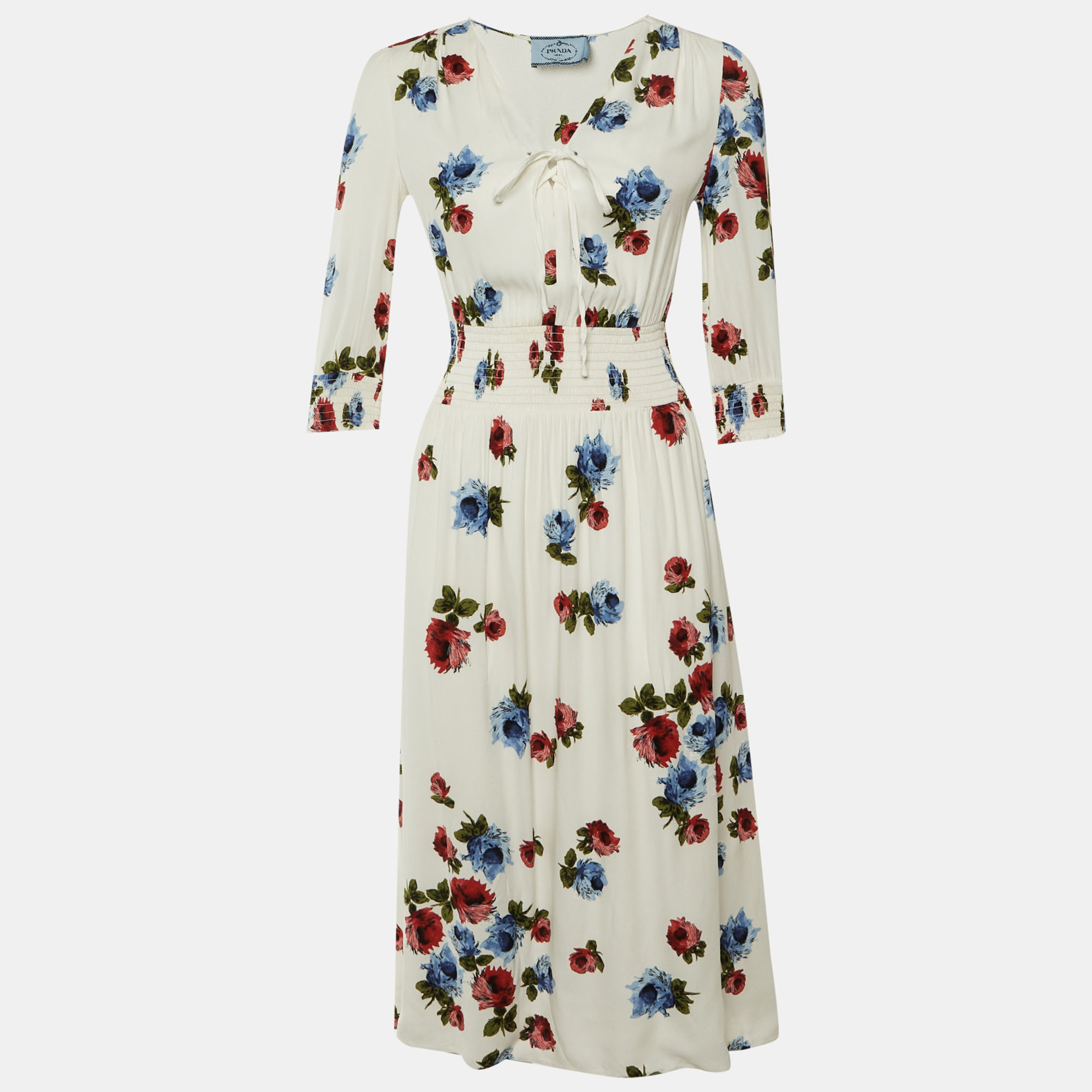 Prada White Floral Printed Crepe Midi Dress