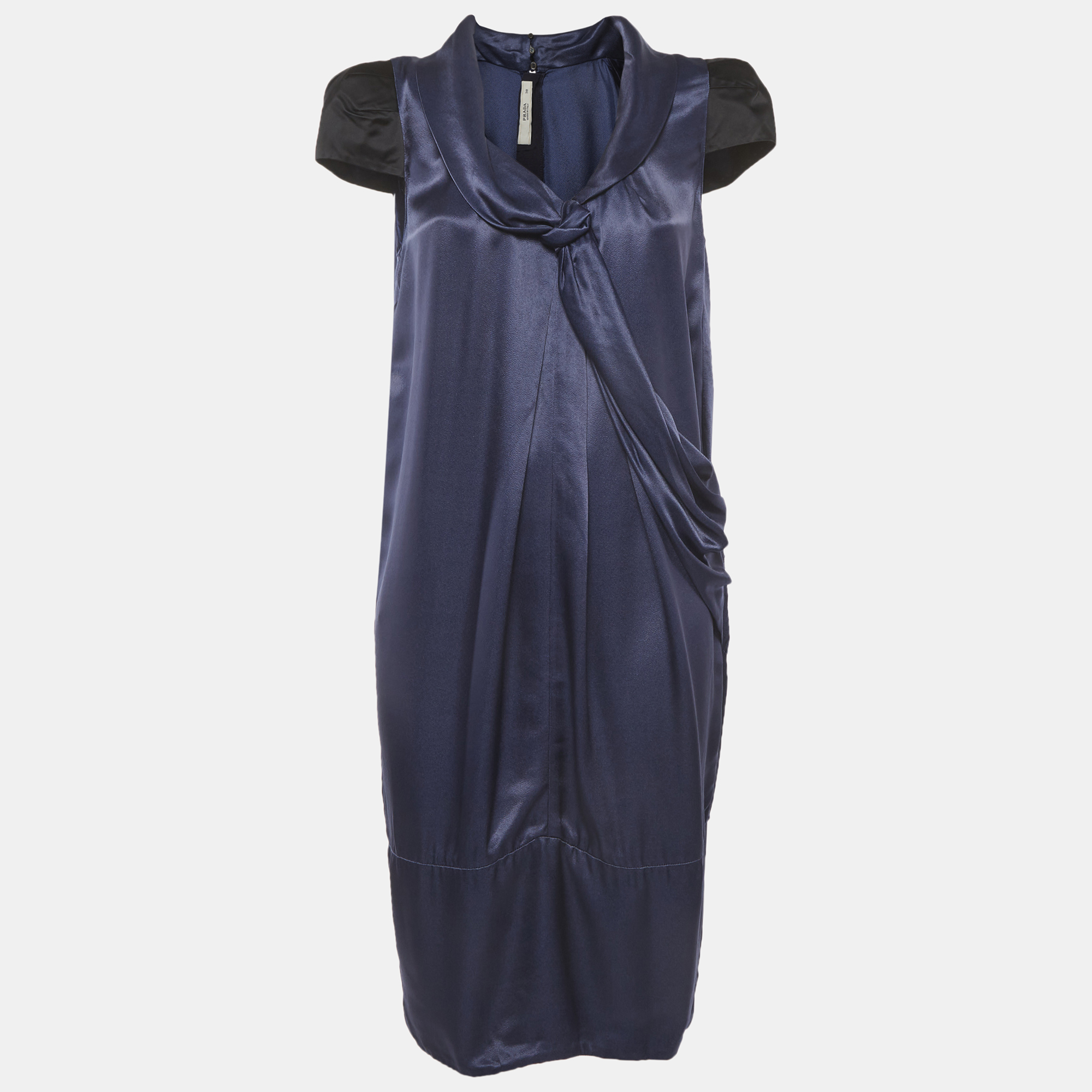 Prada BlueBlack Satin Draped Midi Dress