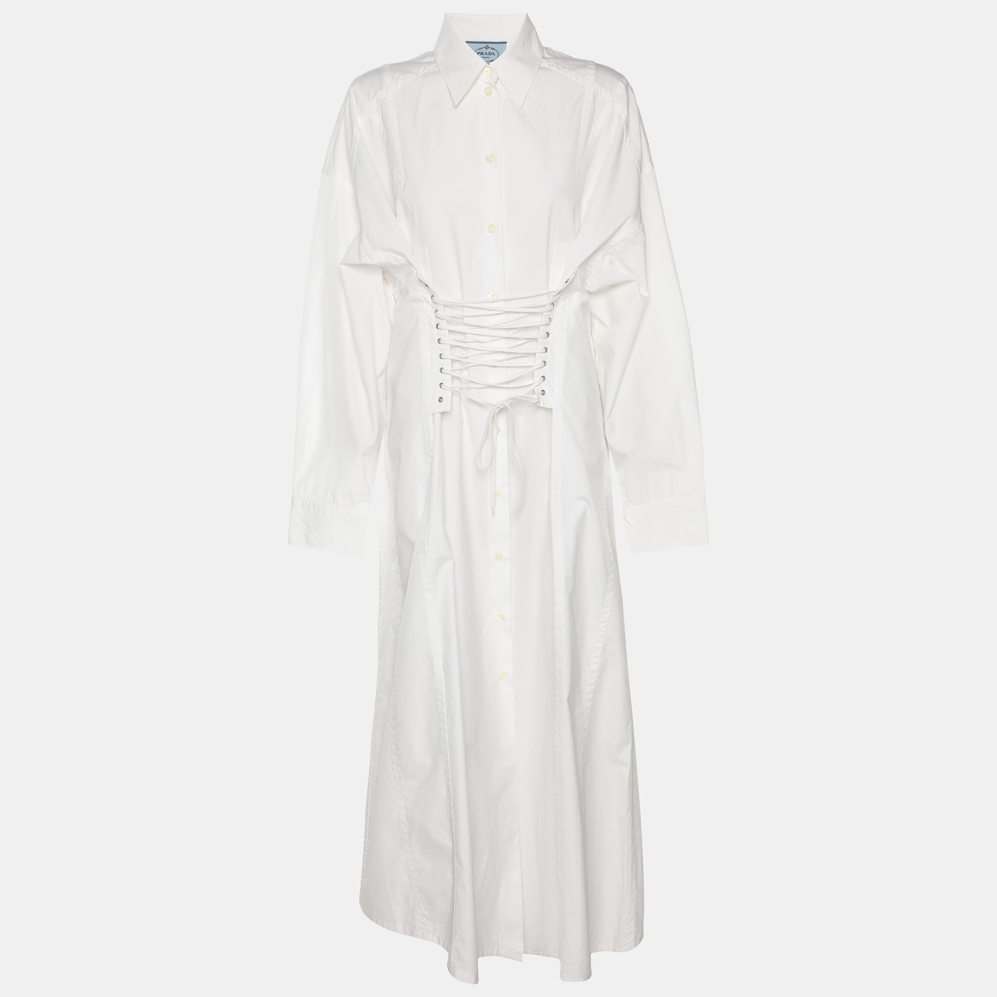 Prada White Cotton Lace Up Details Long Sleeve Shirt Maxi Dress