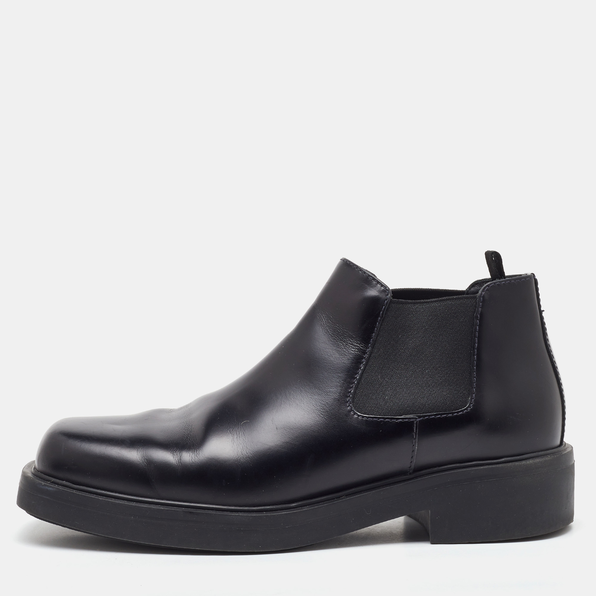 Prada Black Brushed Leather Chelsea Ankle Length Boots