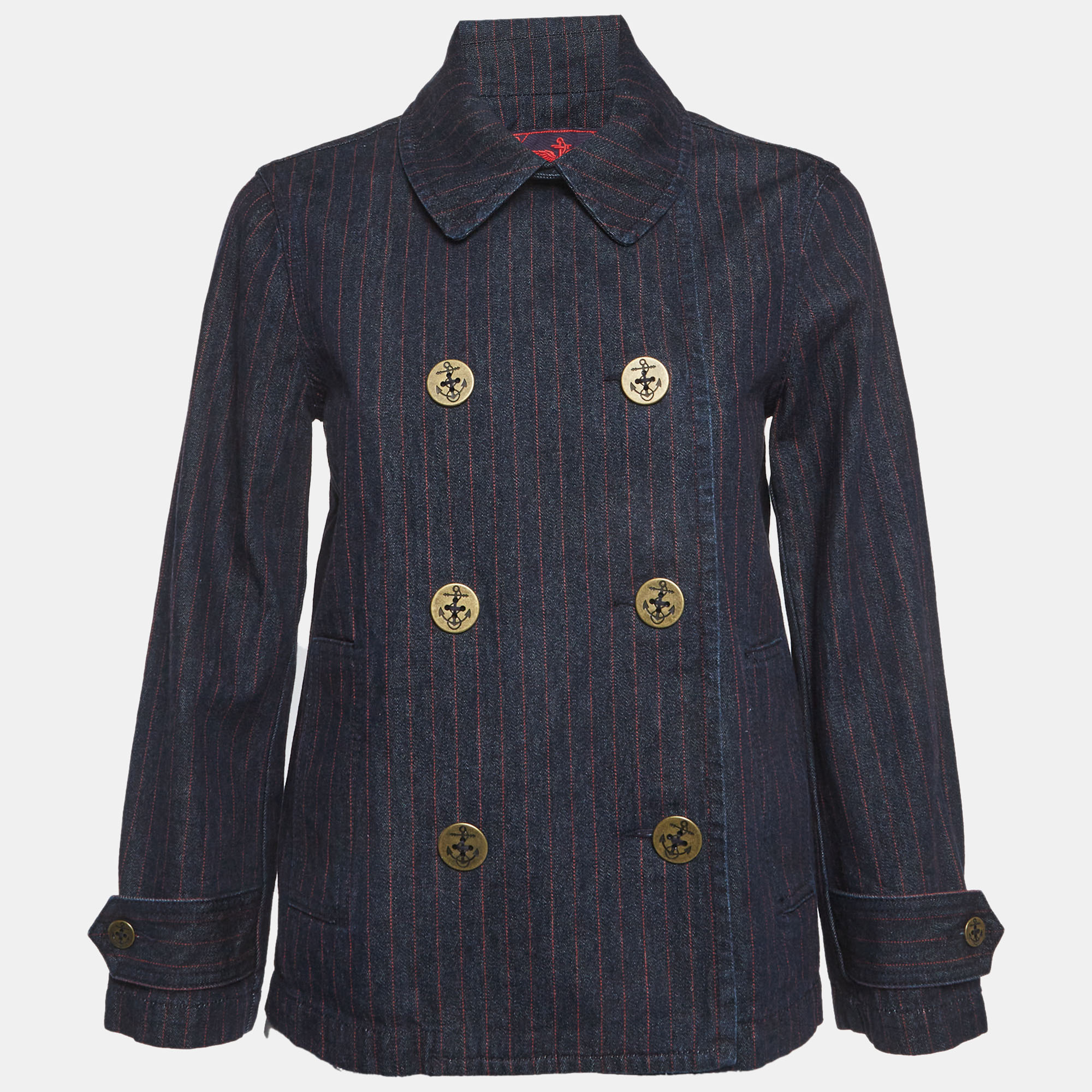 Ralph Lauren Navy Blue Striped Denim Double Breasted Jacket