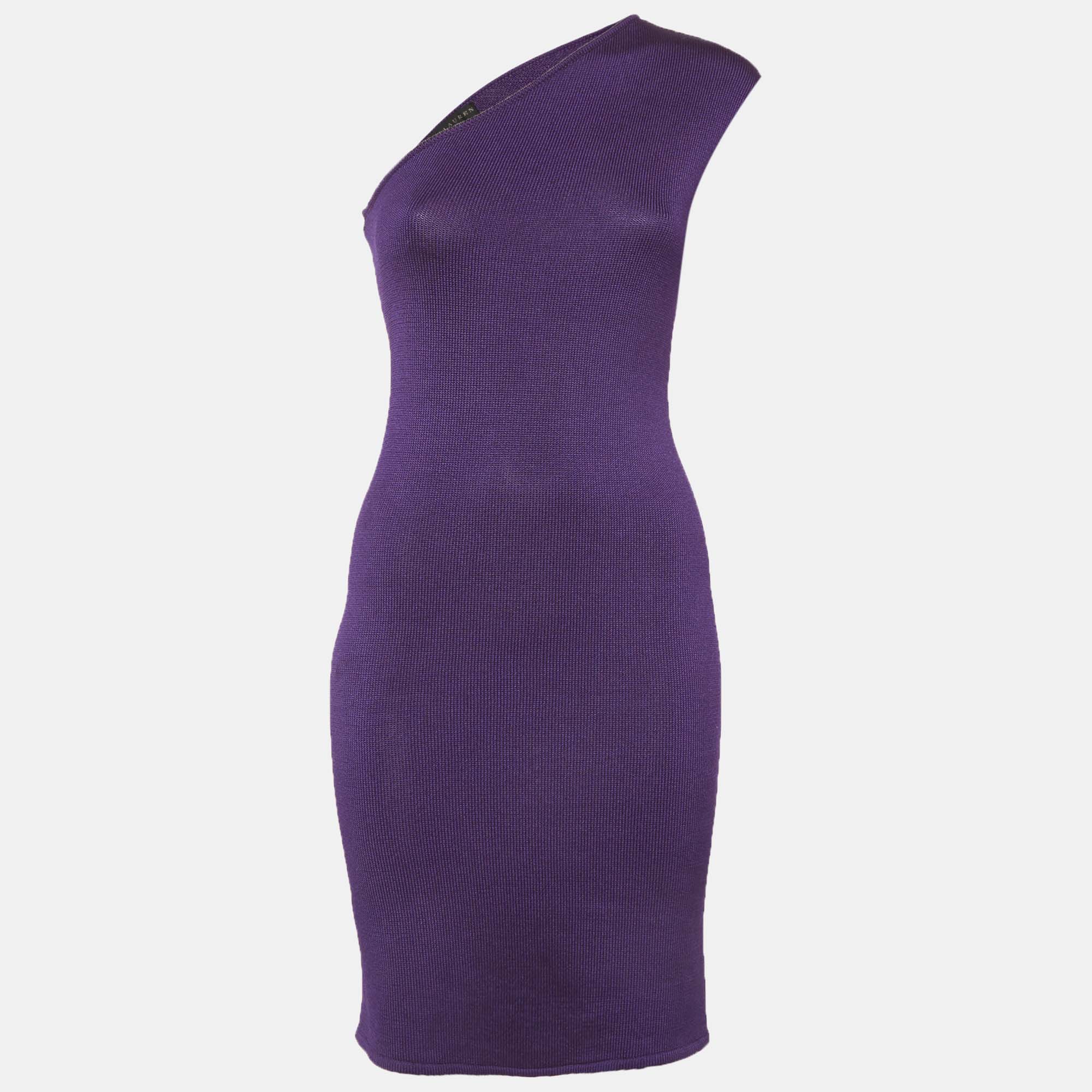 Ralph Lauren Purple Silk Knit One Shoulder Mini Dress