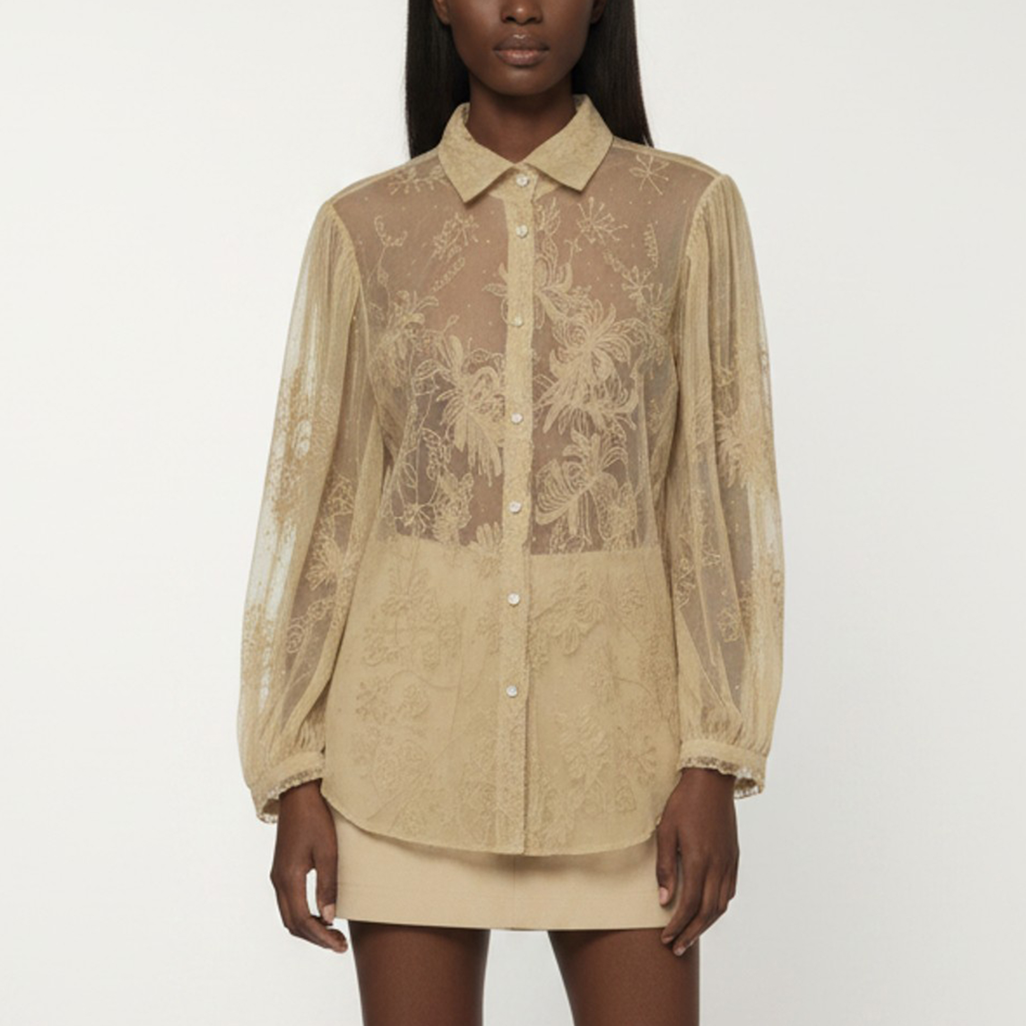 Ralph Lauren Beige Floral Embroidered Lace Sheer Blouse