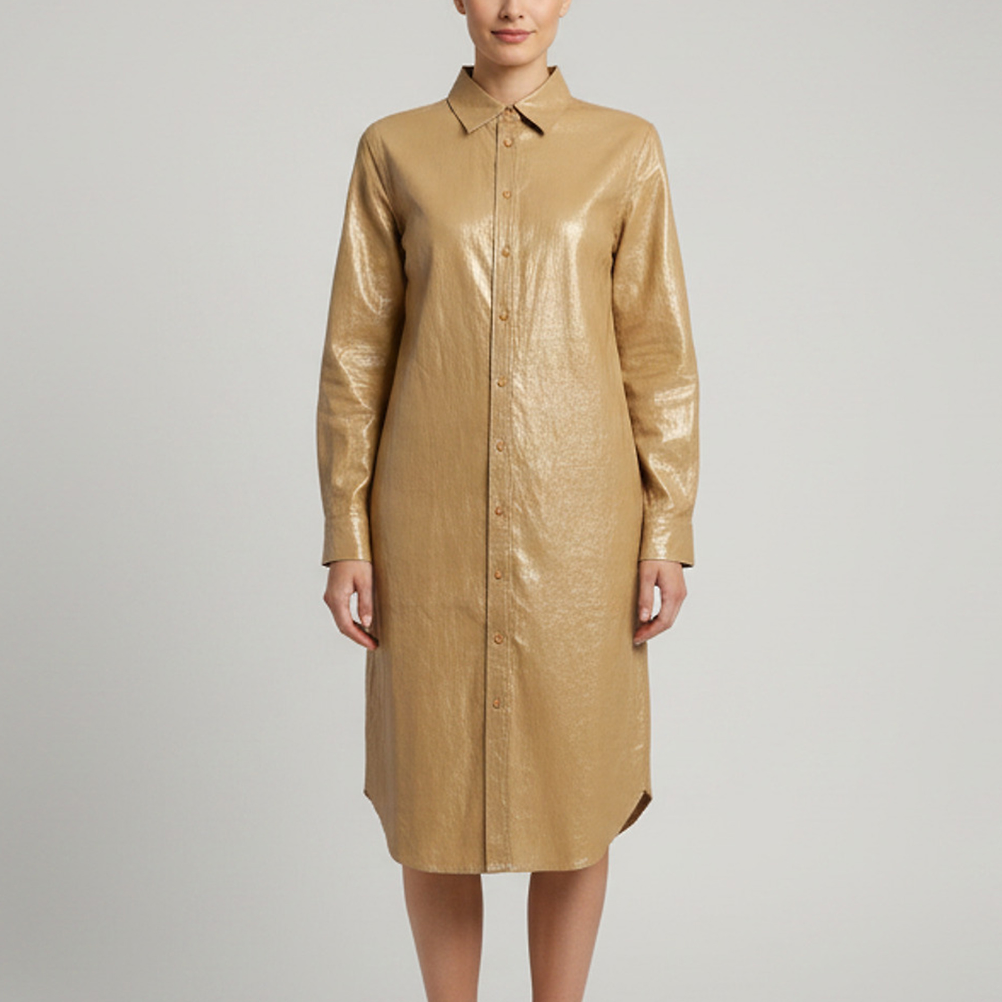 Ralph Lauren Metallic Beige Linen Long Sleeve Shirt Midi Dress