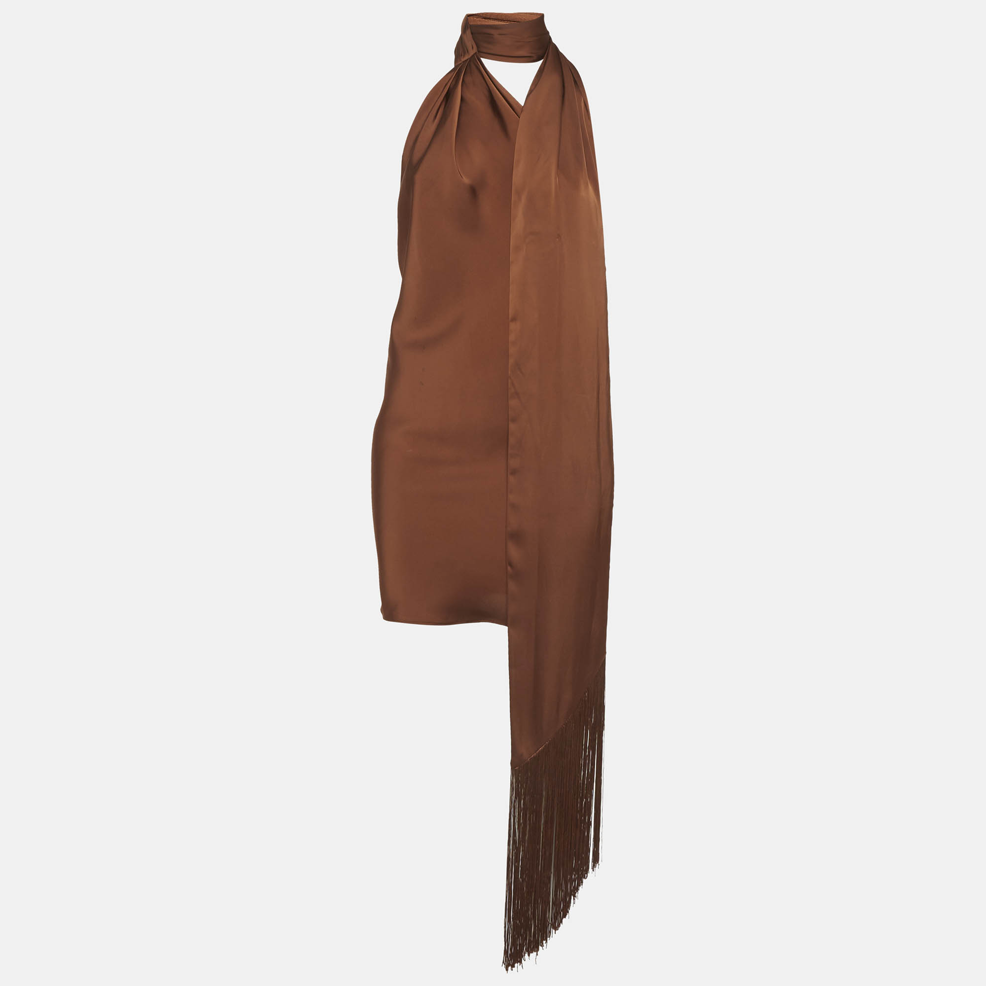 Rat & Bao Brown Satin Serafia Scarf Mini Dress