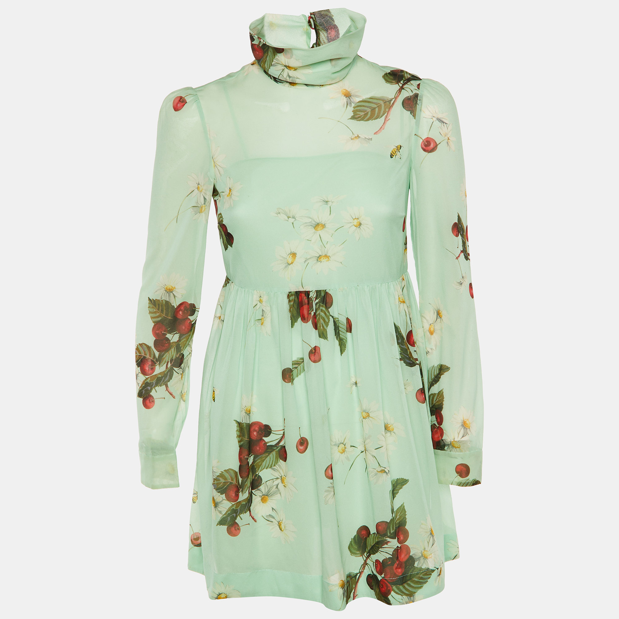 RED Valentino Green Floral Cherry Print Silk Mini Dress
