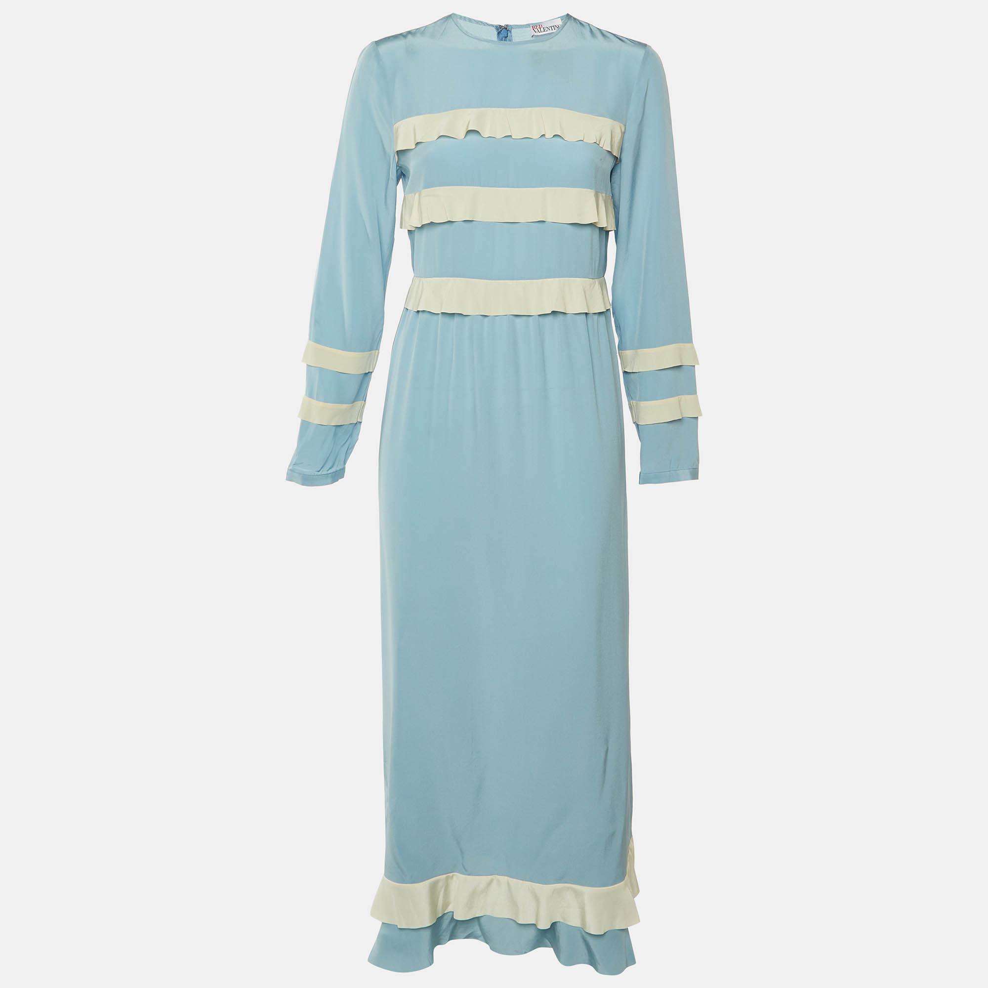RED Valentino Blue & White Silk Ruffled Maxi Dress