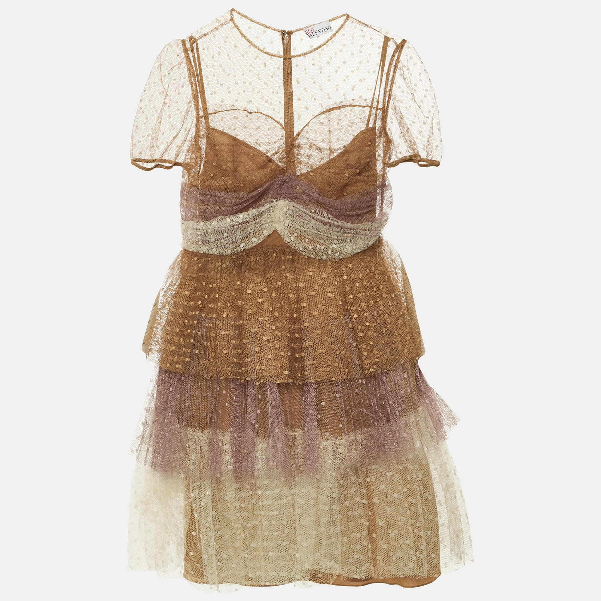 RED Valentino Brown Point d'esprit Tulle Tiered Mini Dress