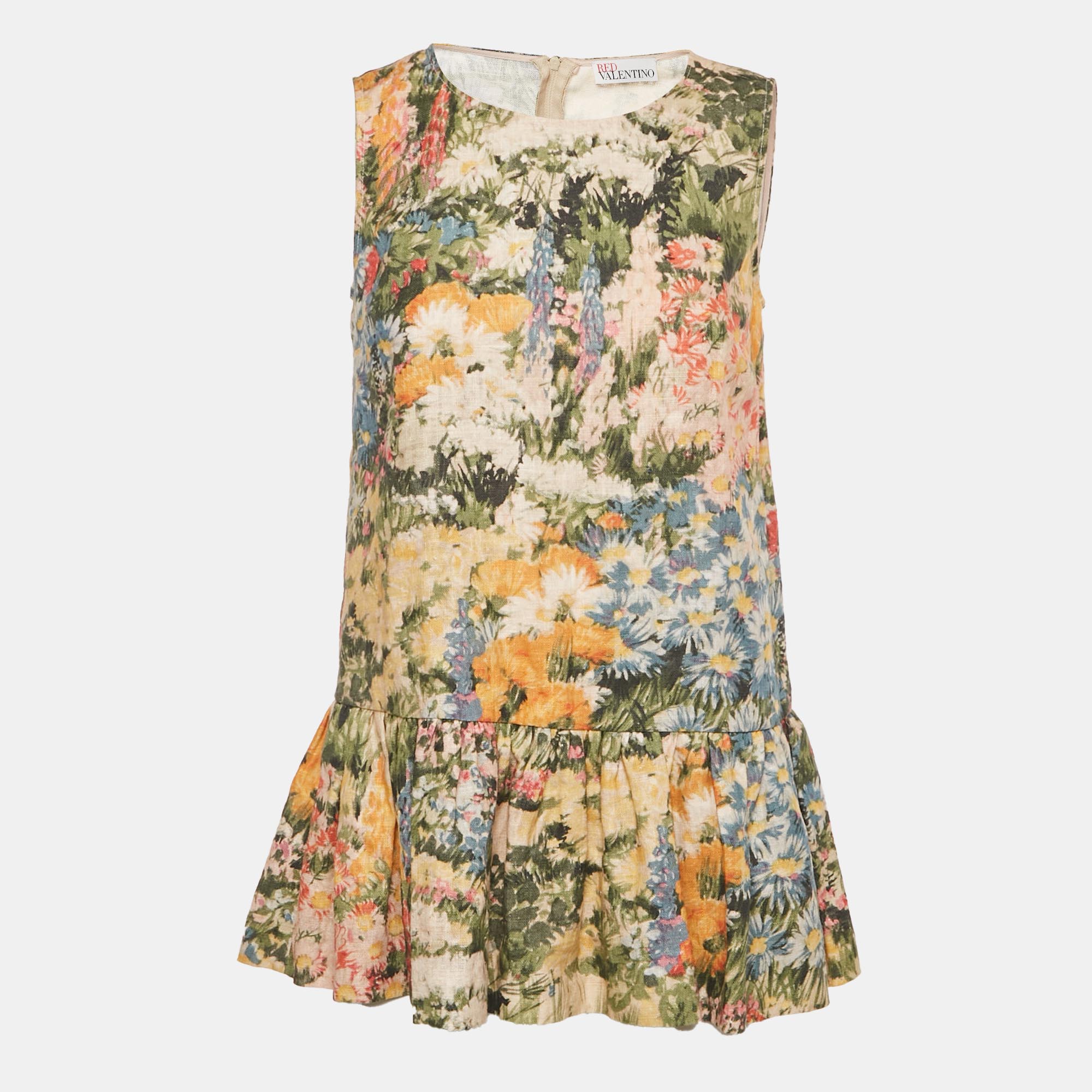 RED Valentino Green Floral Print Ramie Mini Dress