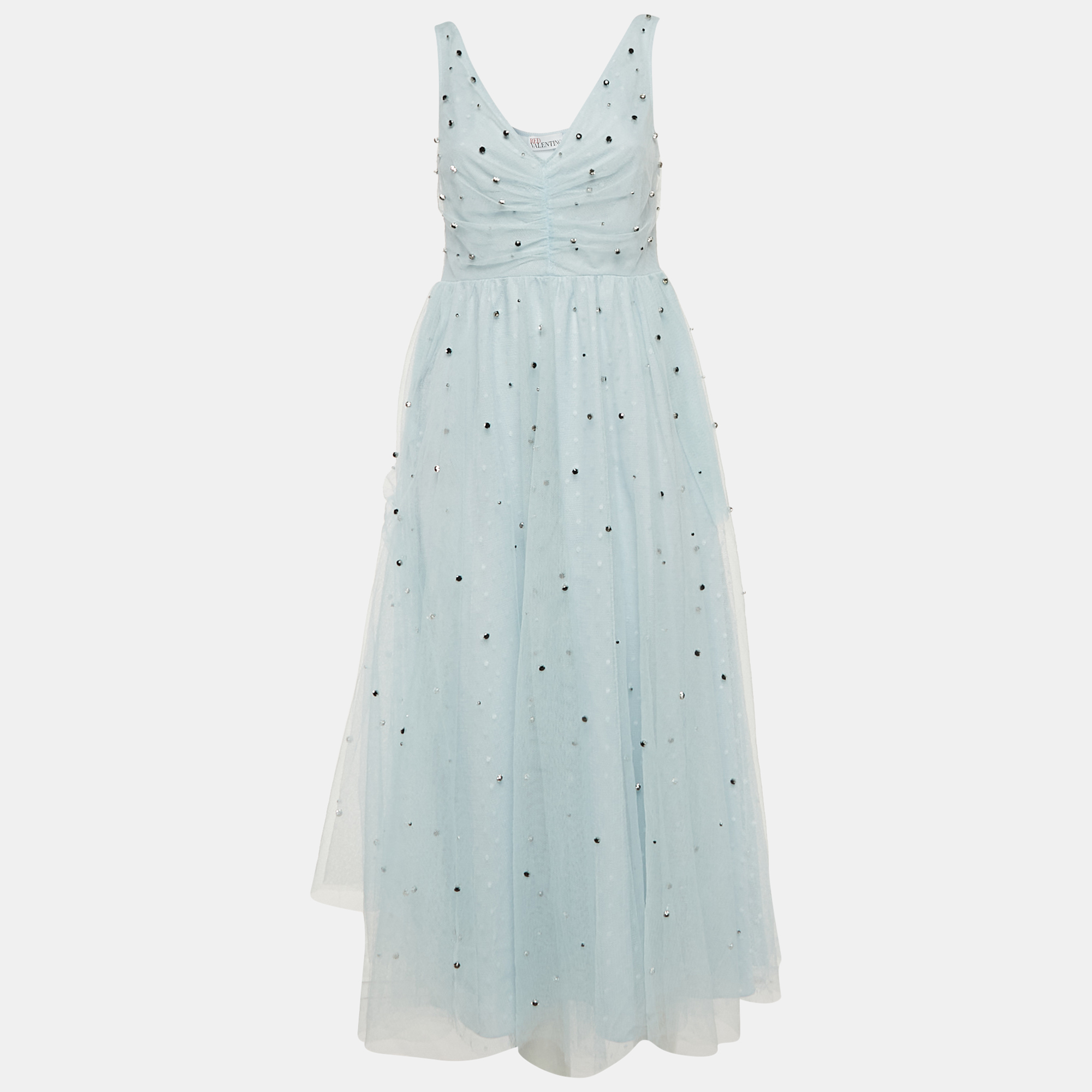 RED Valentino Light Blue Tulle Embellished Flared Midi Dress
