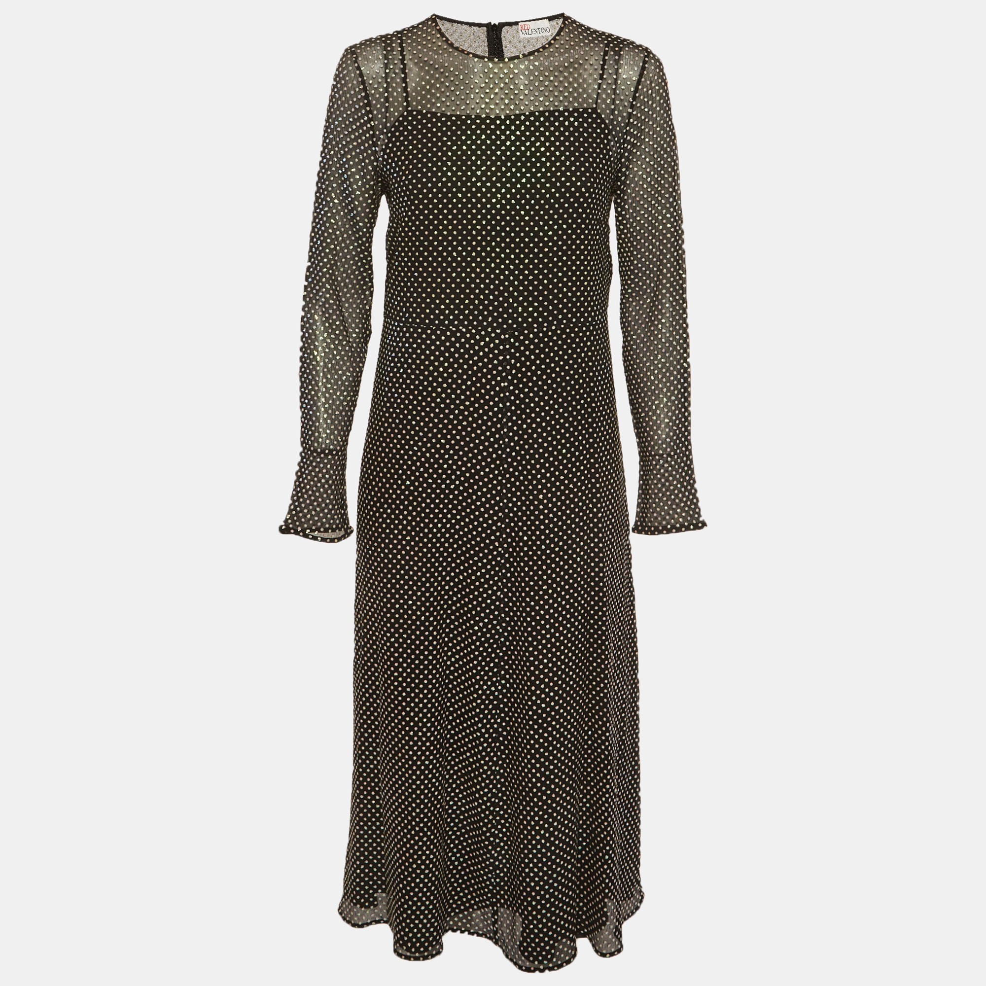 RED Valentino Black Polka Dot Glitter Embellished Midi Dress