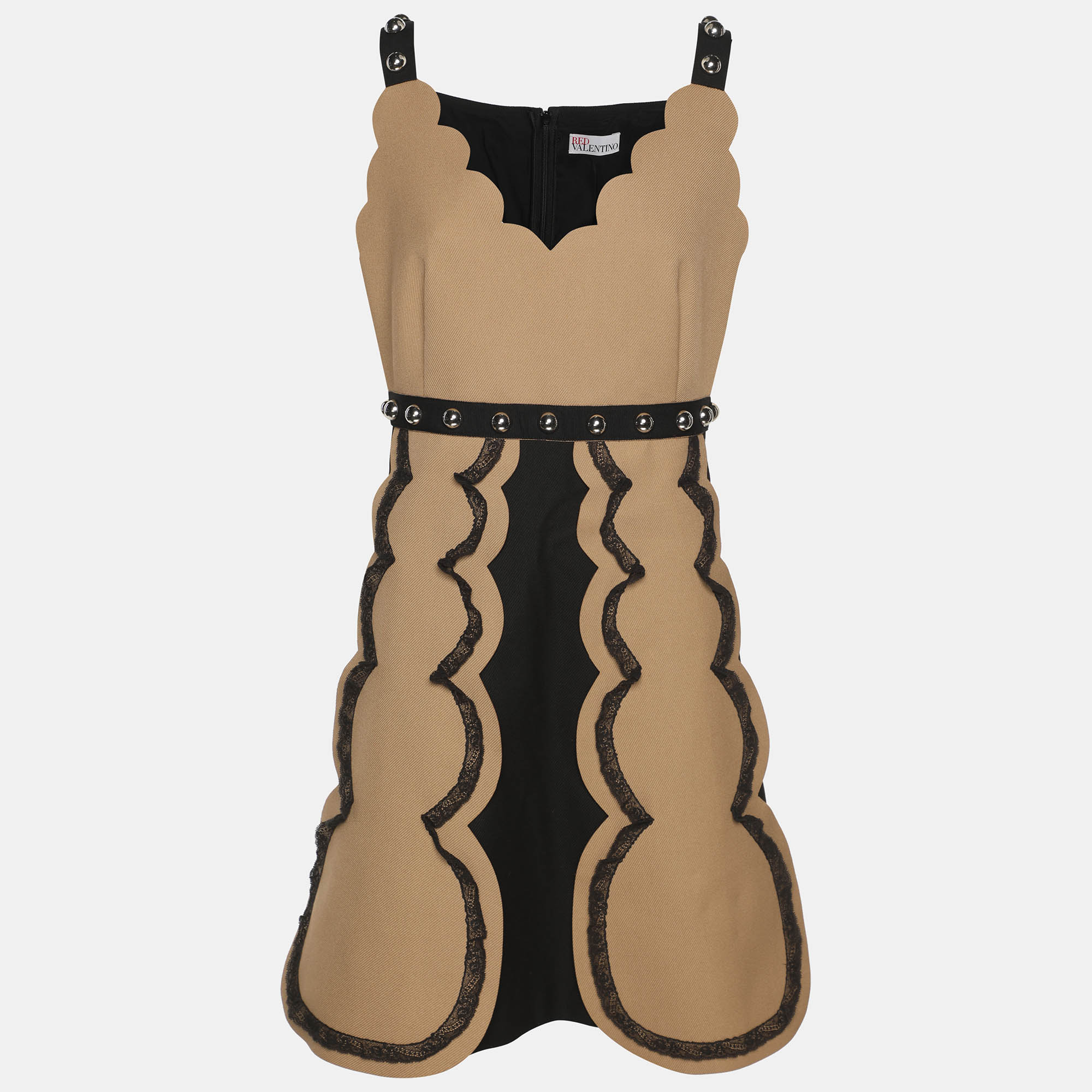 RED Valentino Light BrownBlack Gabardine Sleeveless Dress