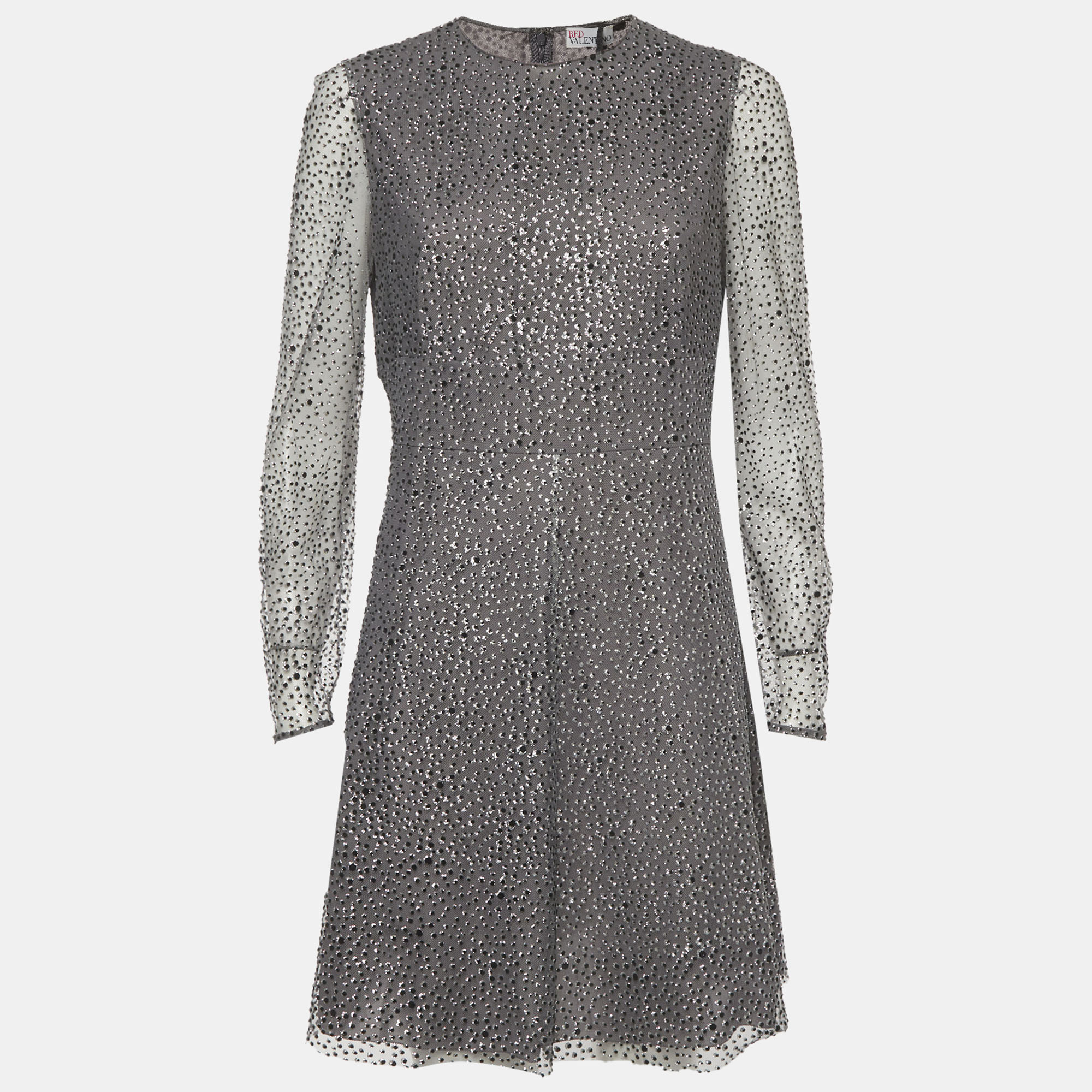 RED Valentino Grey Dot Pattern Tulle Long Sleeve Mini Dress